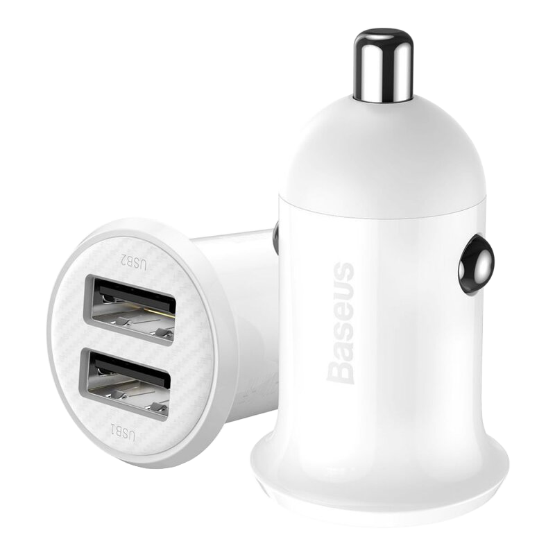 İki USB bağlantı noktasına ve beyaz bir gövdeye sahip beyaz bir Baseus araç şarj cihazı. Üzerinde Baseus yazıyor.