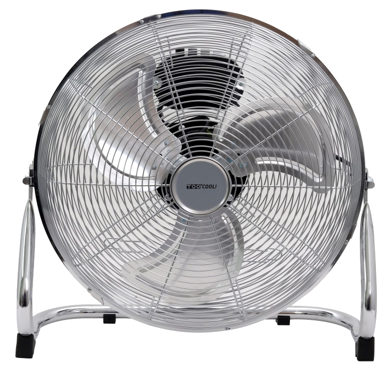 Ezüst álló ventilátor króm kerettel, lapátokkal és biztonsági ráccsal.