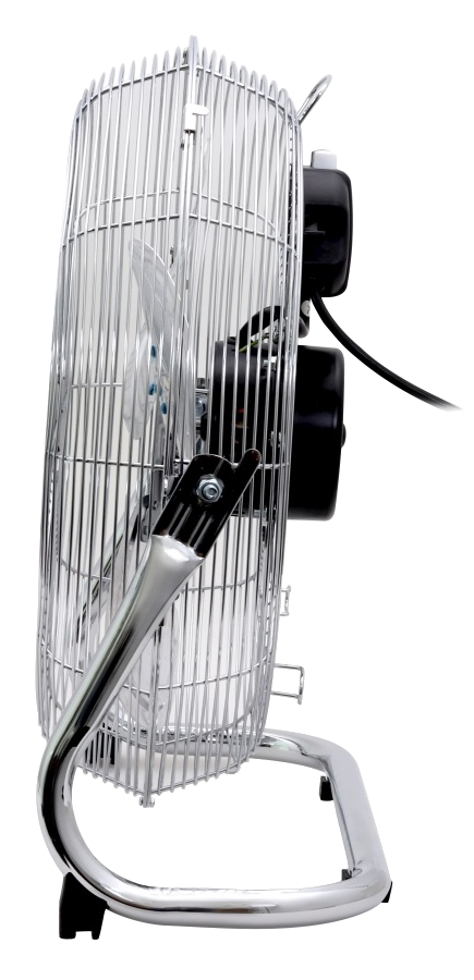 Króm ventilátor ívelt állvánnyal. Védő fémrudak a lapátok körül.