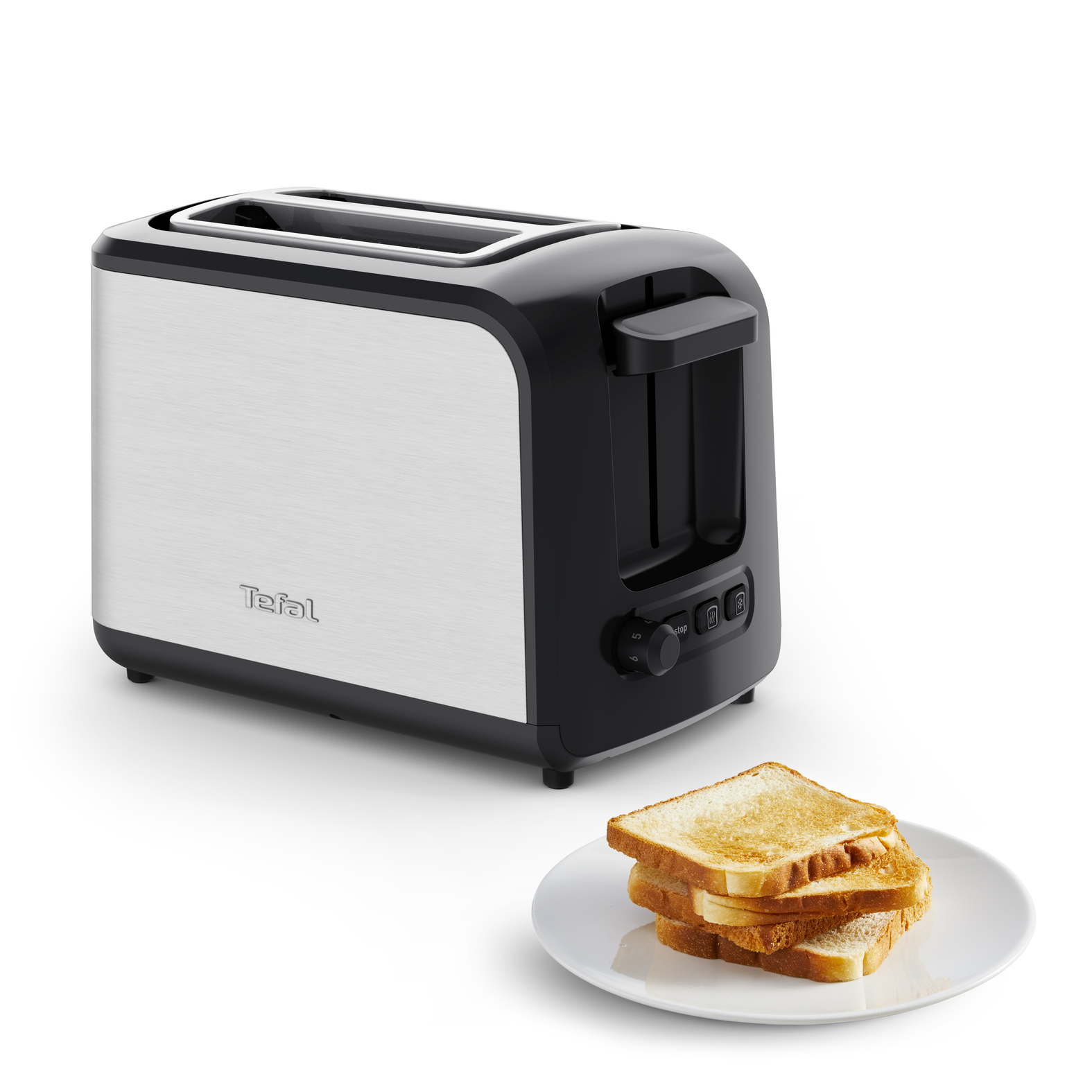 Zilveren en zwarte Tefal broodrooster met twee sleuven. Drie sneetjes toast op een bord.