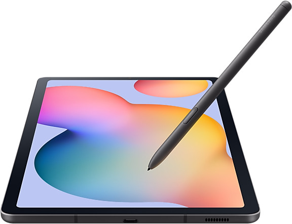 Une tablette avec un stylet, la tablette est noire avec un écran coloré, fond blanc.
