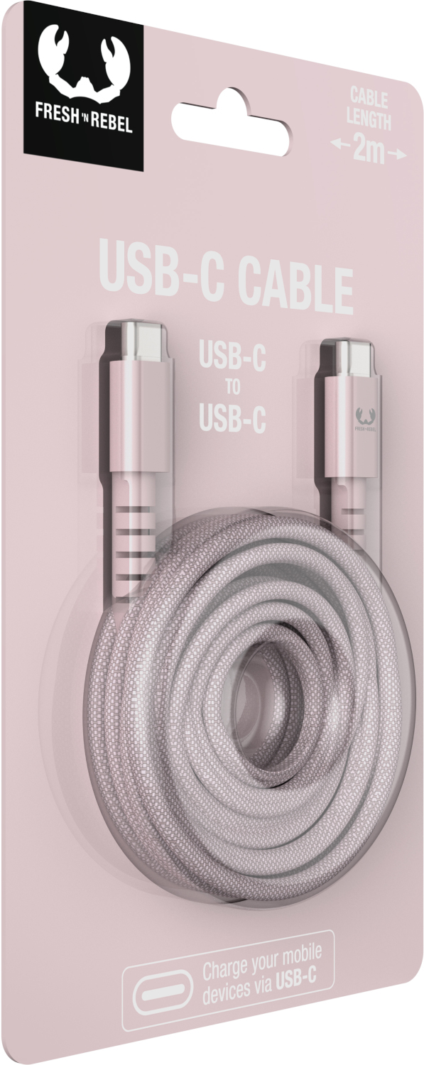 Câble USB-C rose dans un emballage plastique transparent. Le câble est enroulé.