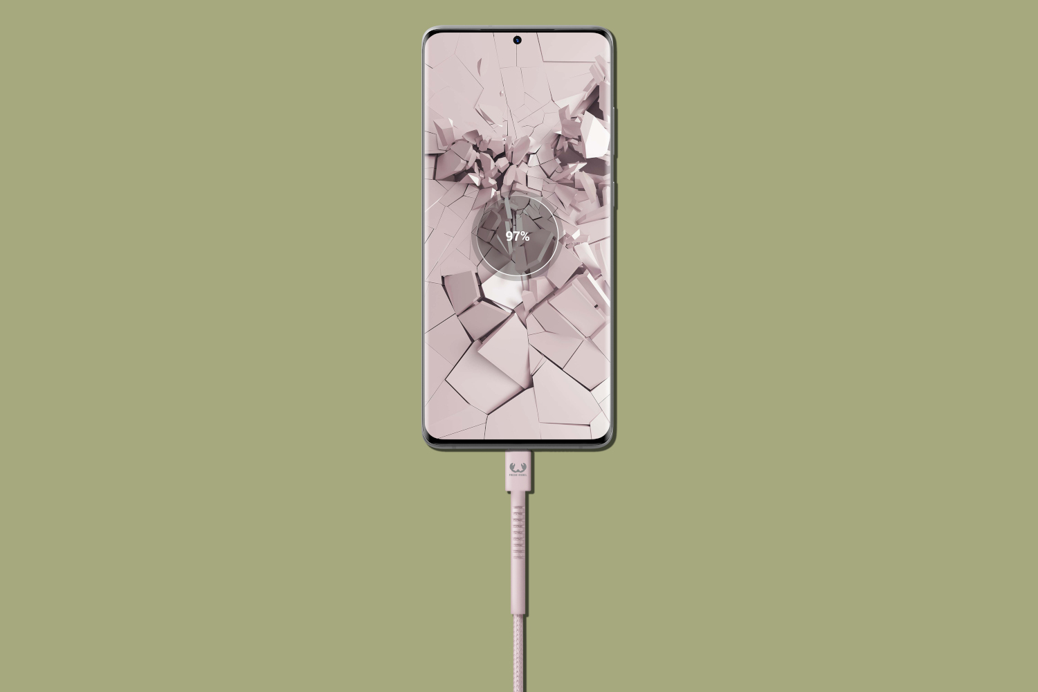 Un smartphone est en charge, avec un pourcentage de charge sur l'écran.