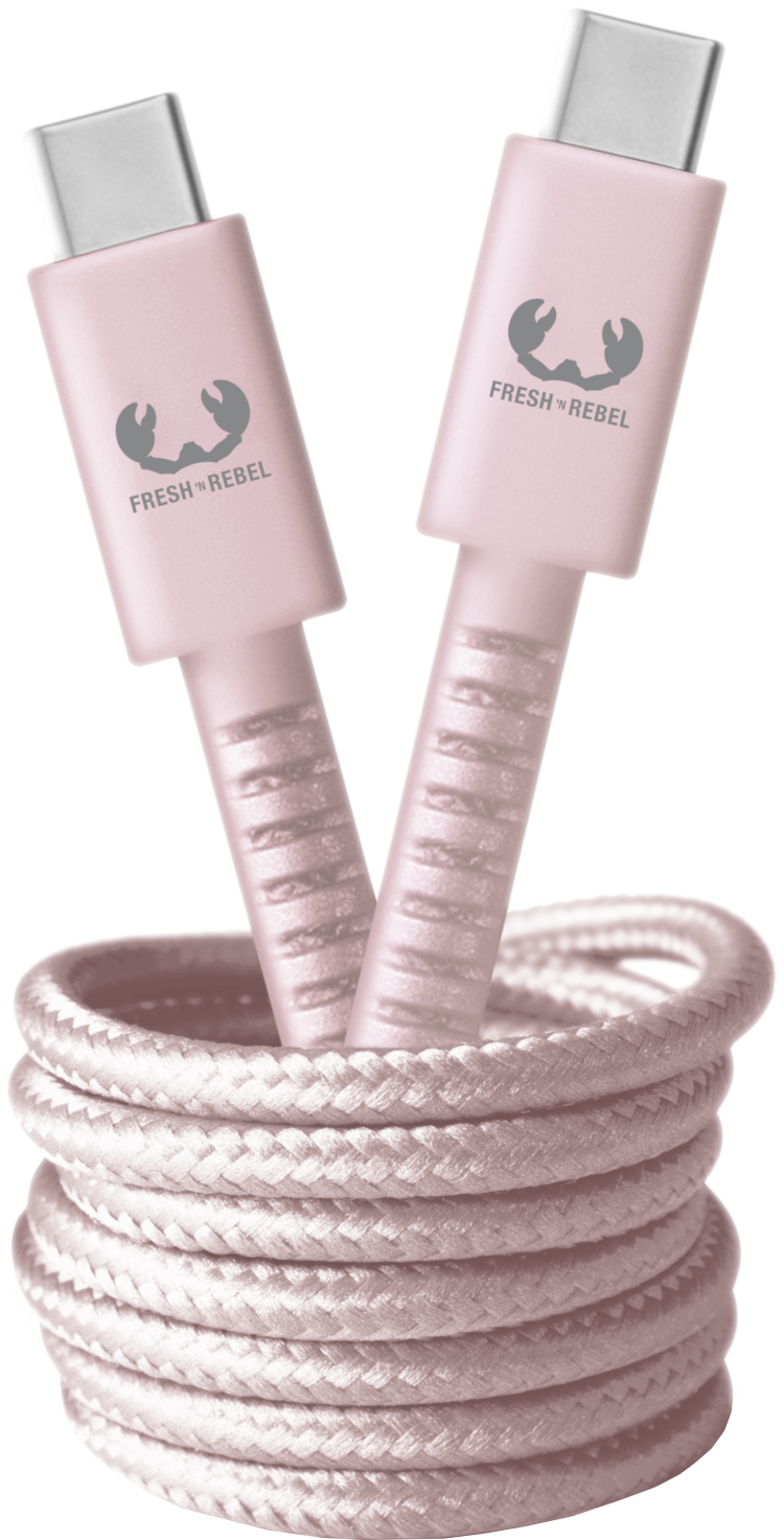 Deux câbles de chargement USB-C roses avec une base de câble rose enroulée. Les câbles portent le logo Fresh 'n Rebel.