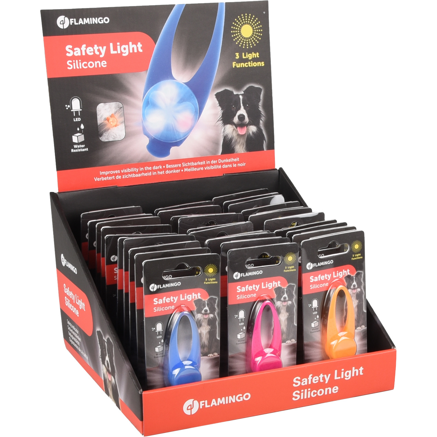 Exhibición de luces de seguridad para perros en una tienda. Se muestran varios colores. Imagen de un perro.