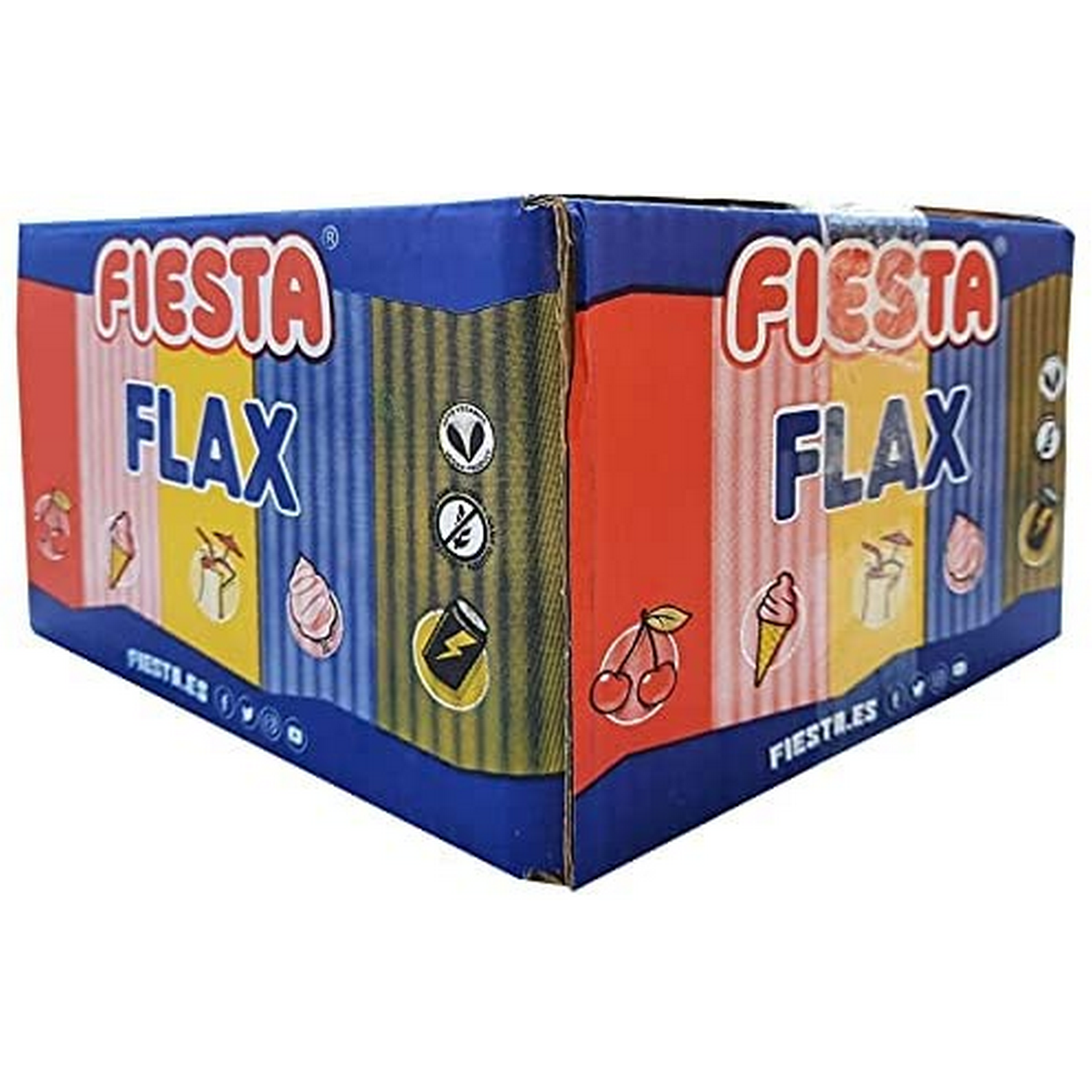 Caja de Fiesta Flax con ilustraciones coloridas.