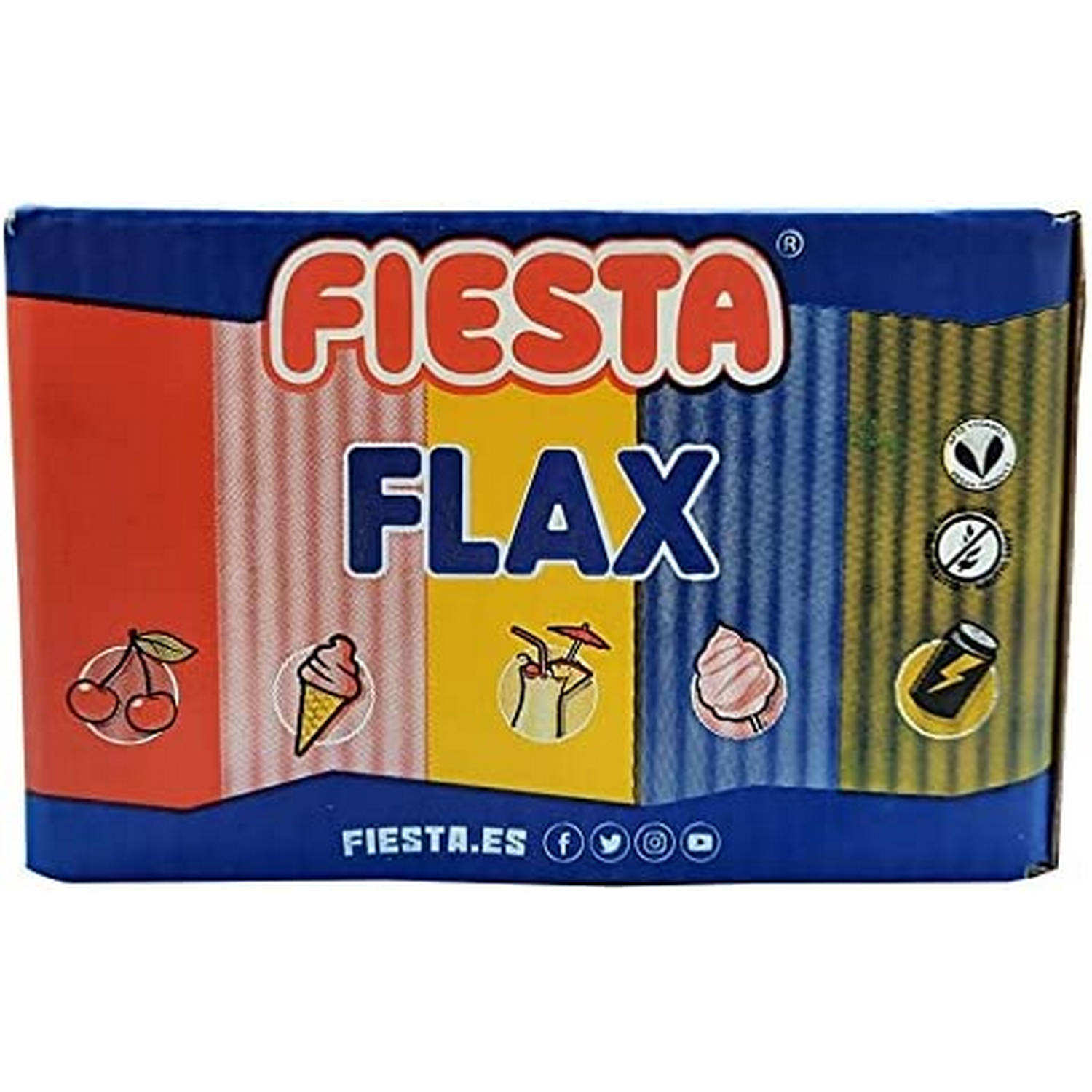 Caja con texto 'Fiesta Flax' e iconos de comida.