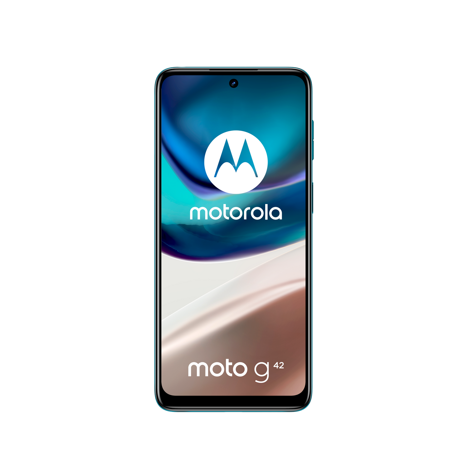 Un smartphone Motorola, pantalla negra mostrando el logo y nombre del teléfono, sobre fondo negro.