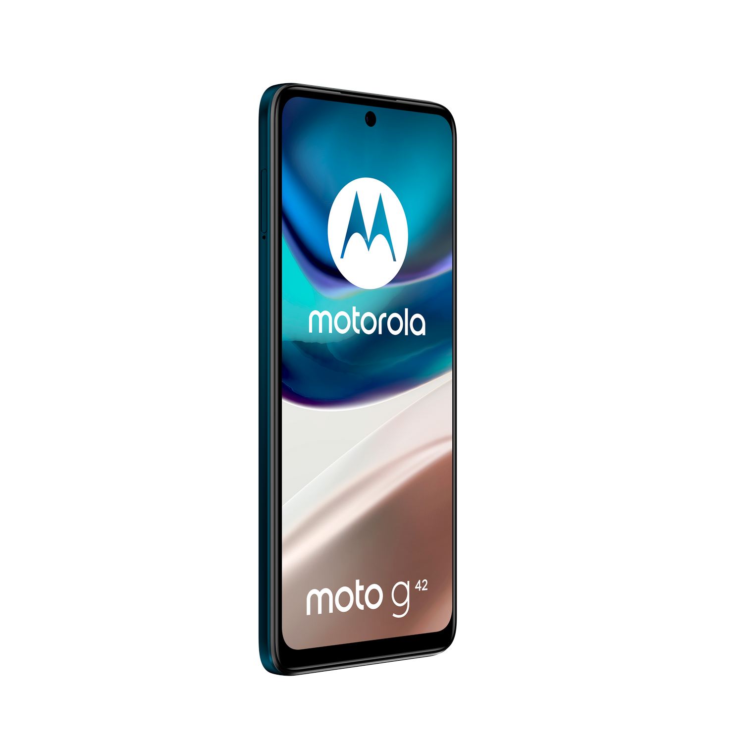 Smartphone Motorola Moto G42. Marco turquesa, pantalla negra con logo Motorola.