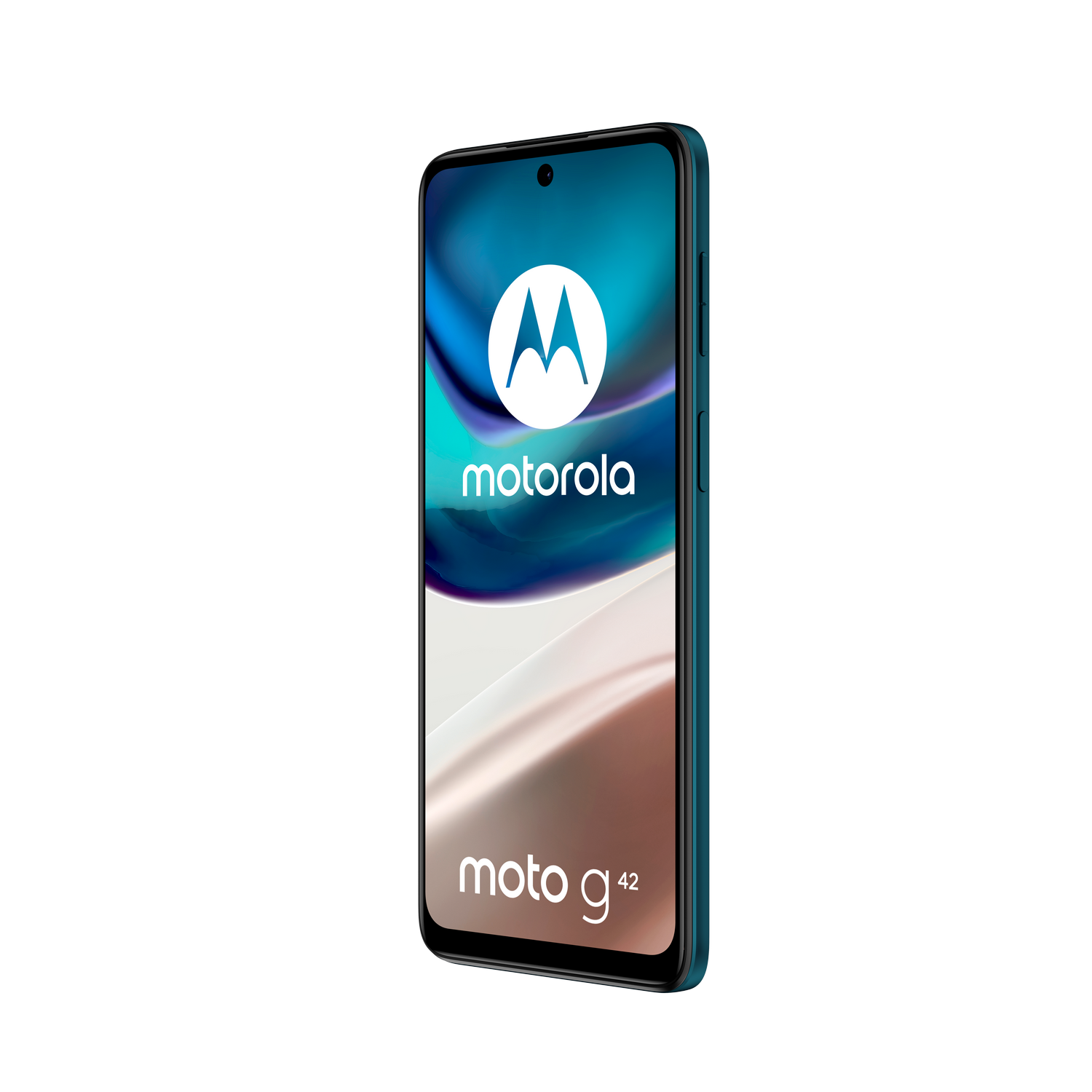 Un teléfono Motorola Moto G42. Color azul, pantalla encendida, con el logo y texto de Motorola.