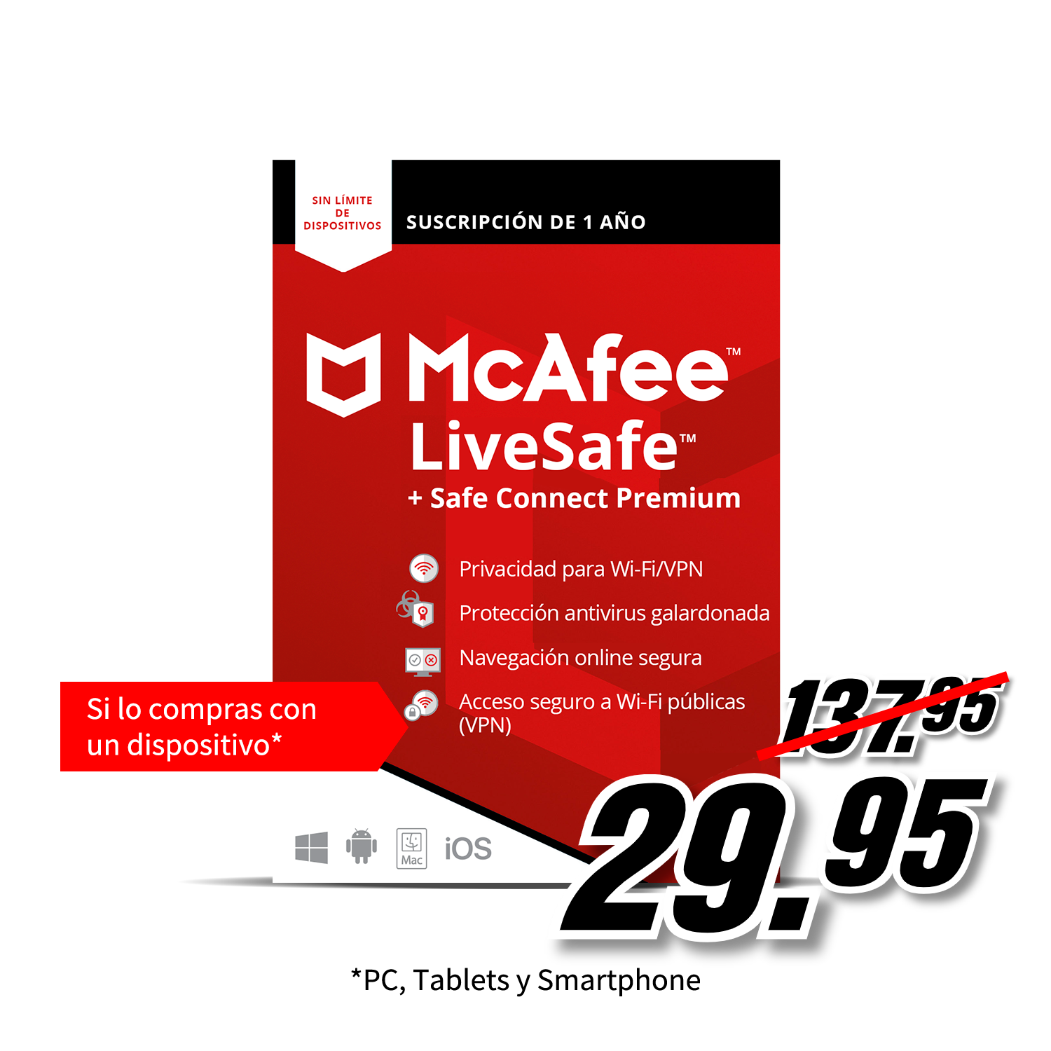 Paquete McAfee LiveSafe con precio con descuento. El paquete muestra un diseño blanco y rojo.