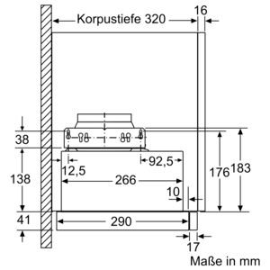 Technische Zeichnung mit Maßen für ein Gerät.