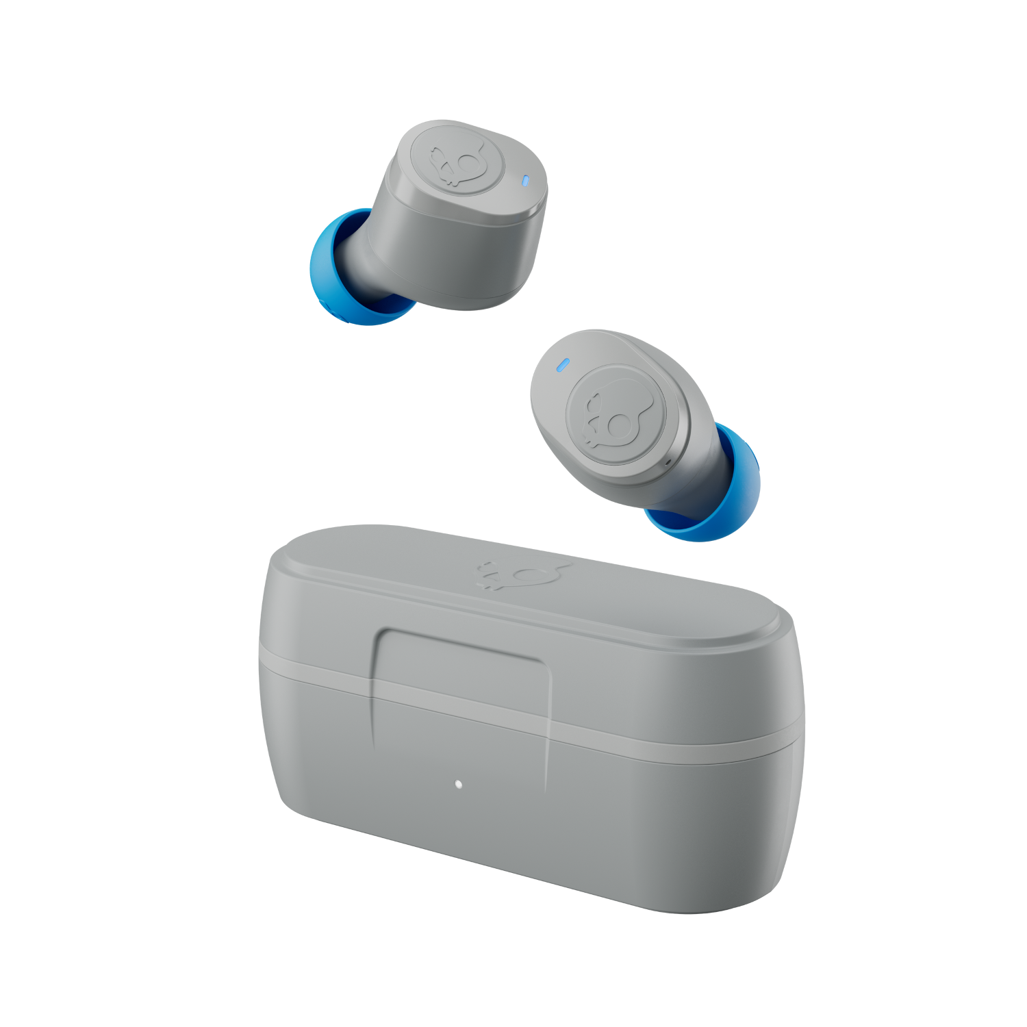 Gray Skullcandy earbuds with blue tips, charging case is also gray.