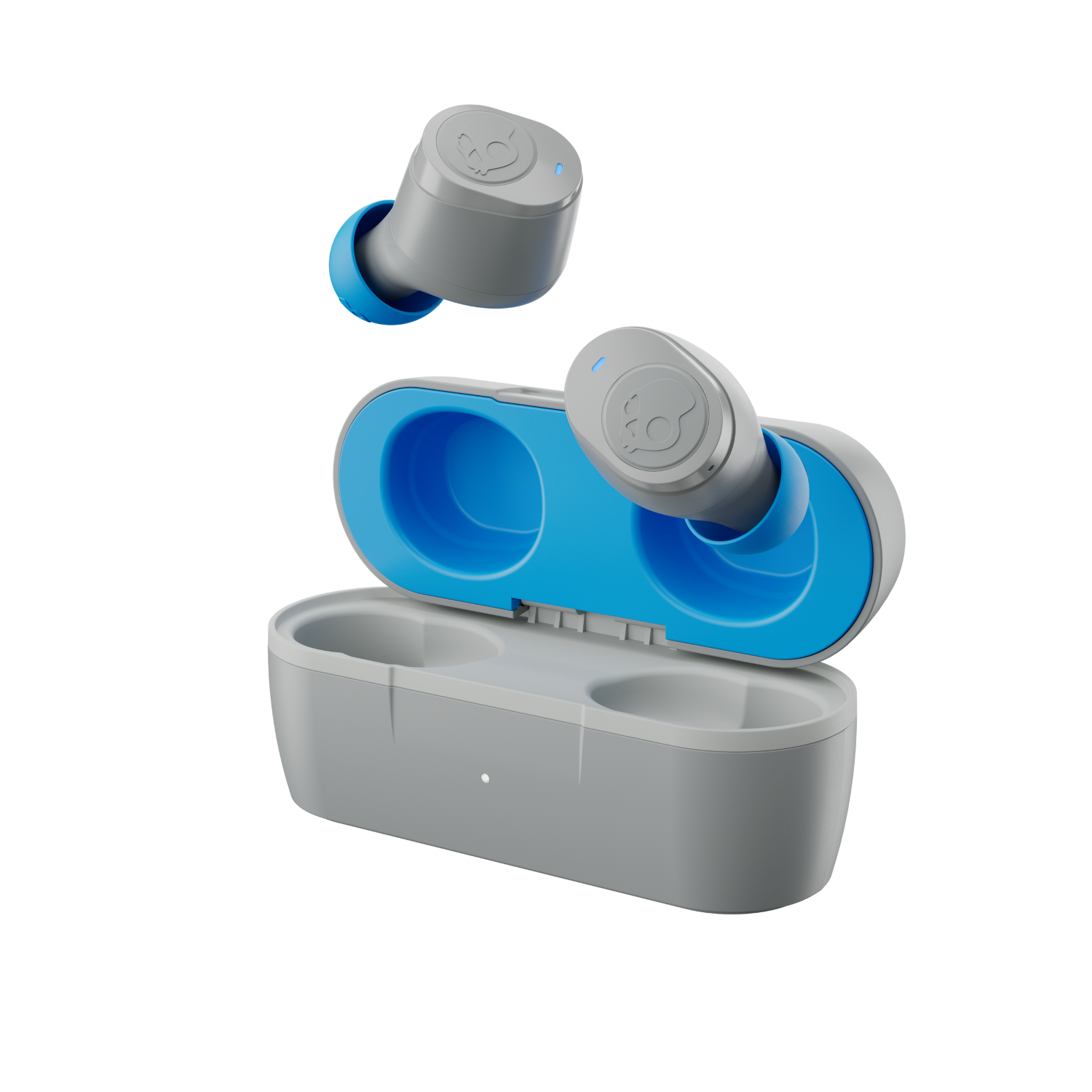 Gray and blue Skullcandy earbuds and charging case against a black background.