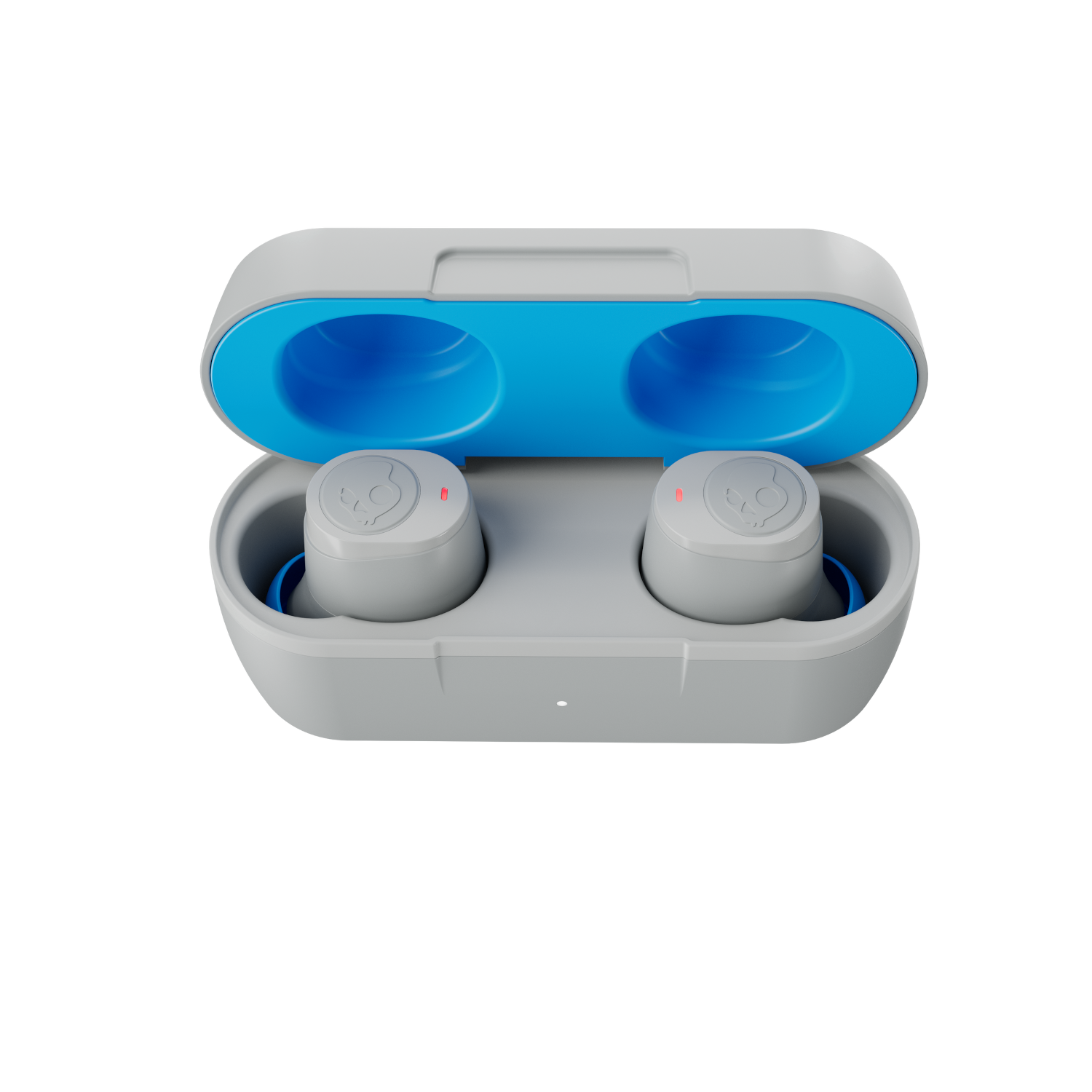 Gray earbuds in a gray and blue case, open on a black background.