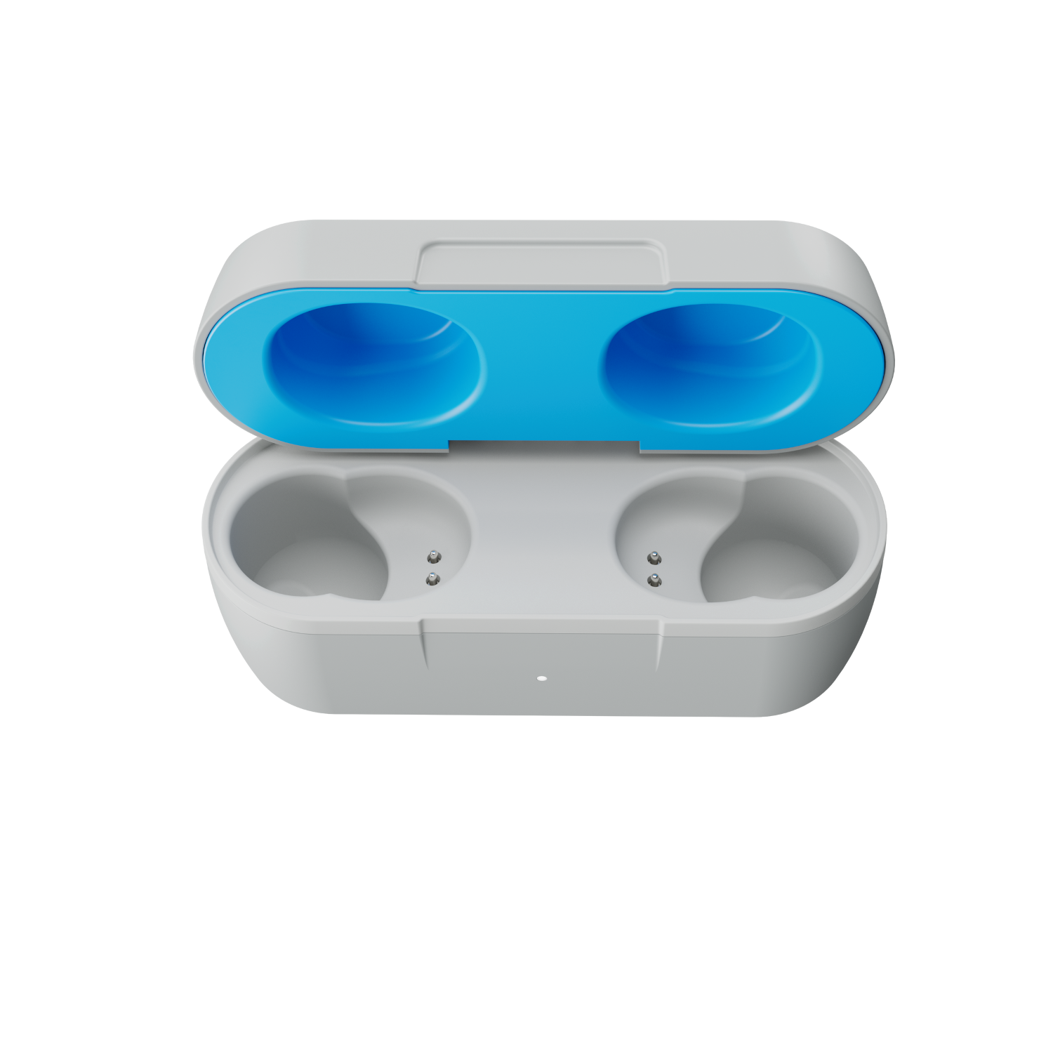A white charging case with a blue interior, opened, revealing two charging receptacles, set against black.