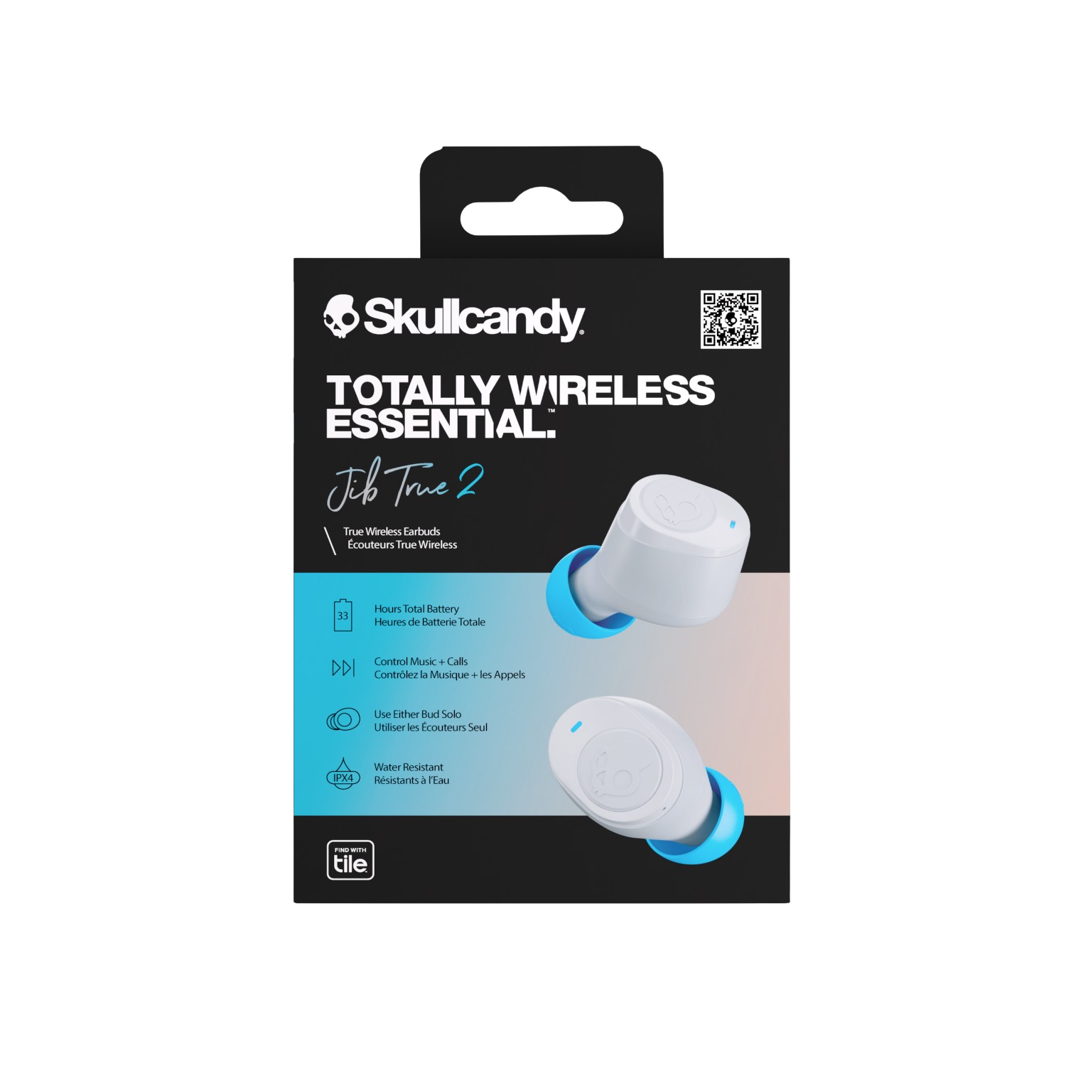 Box of white Skullcandy earbuds with blue tips. Text and icons are visible.