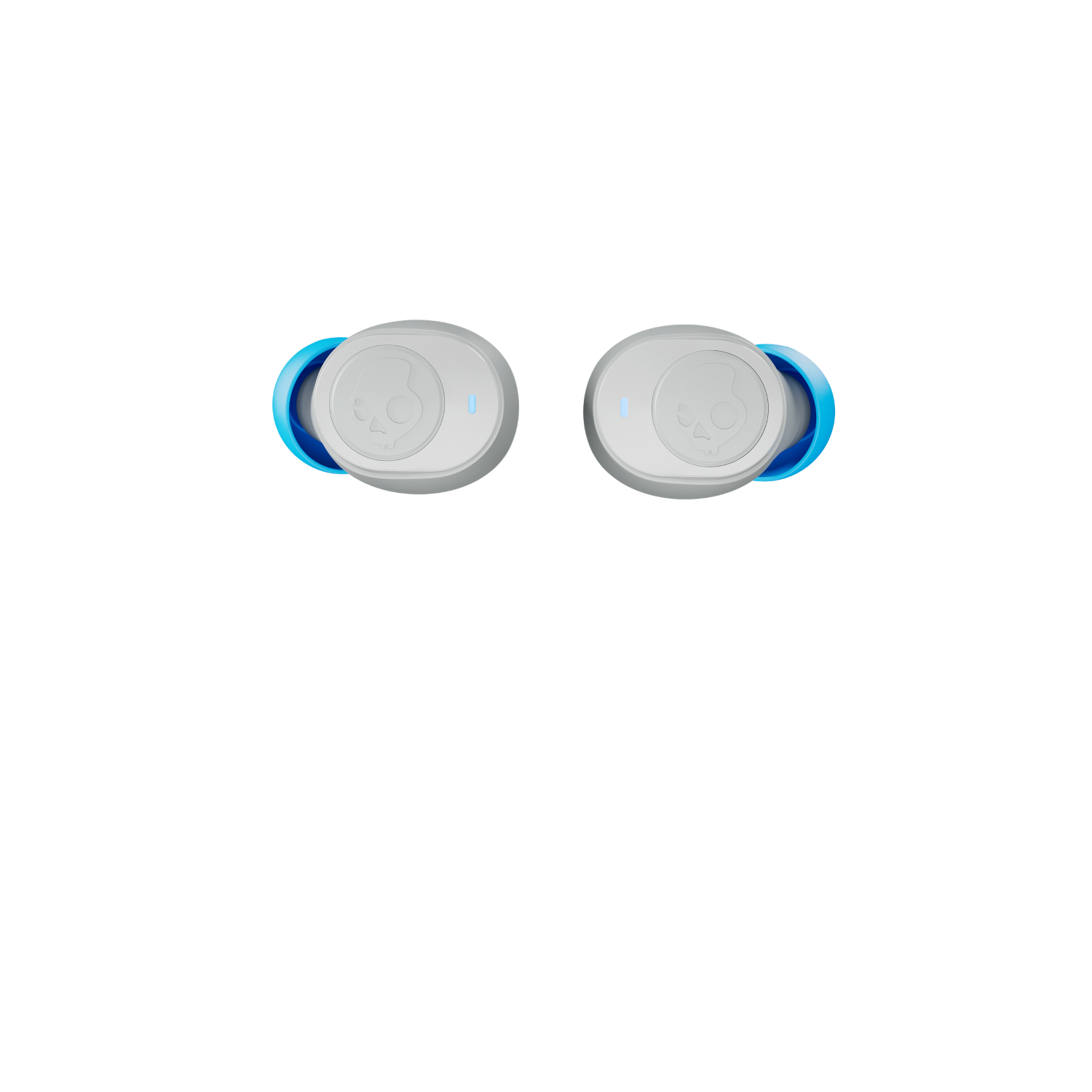 Two gray Skullcandy earbuds with blue accents on a black background.