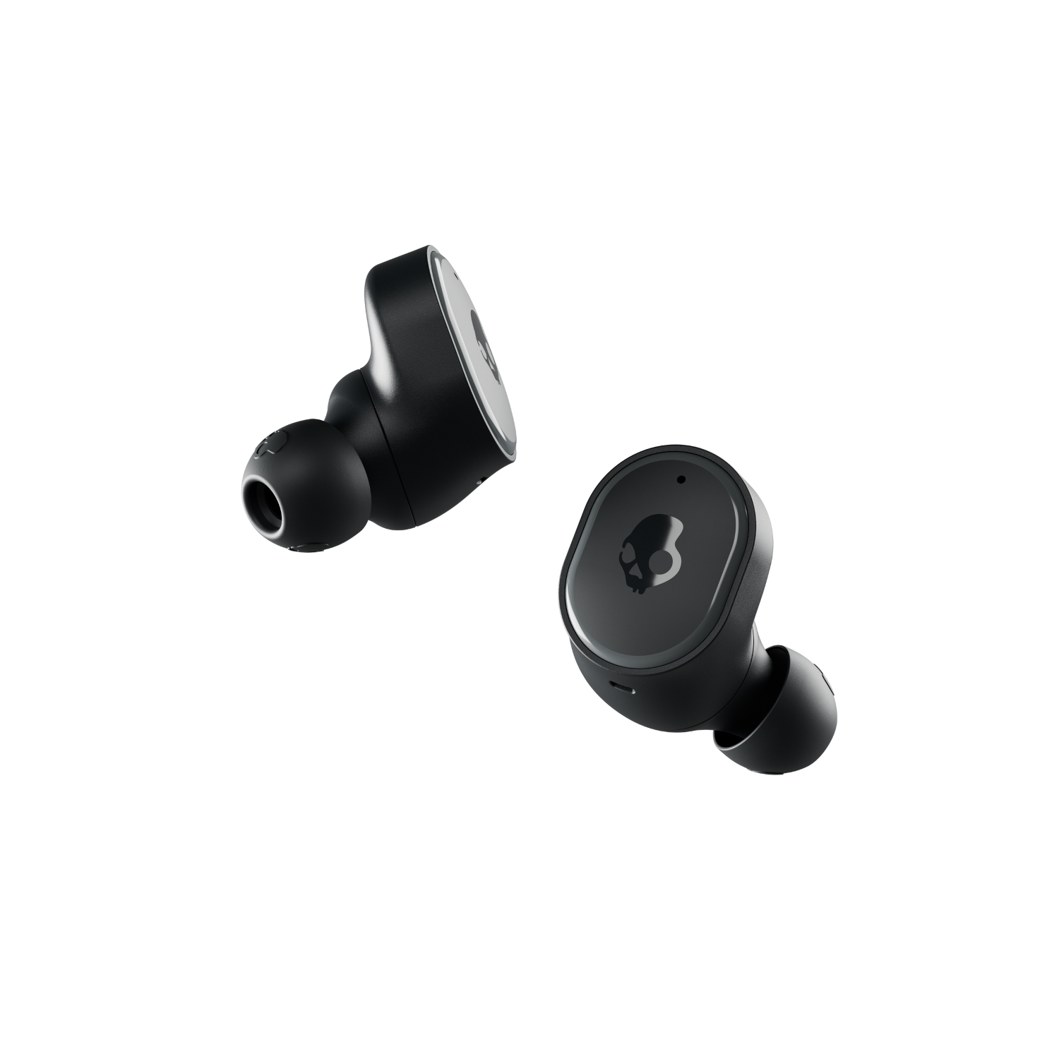 Two black wireless earbuds. One shows the brand logo.
