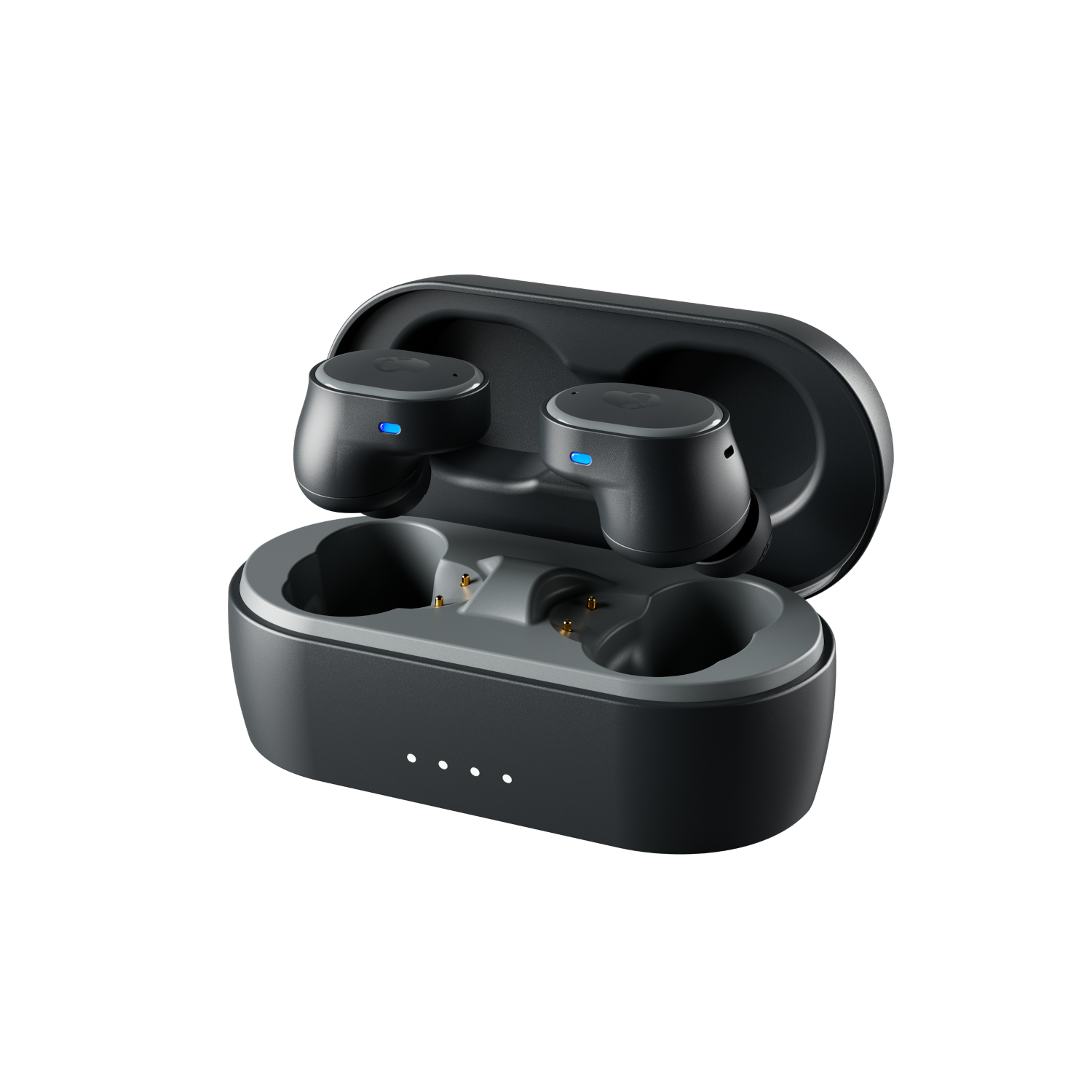 Black wireless earbuds in a charging case, open. The case is black and the earbuds have a small blue light.