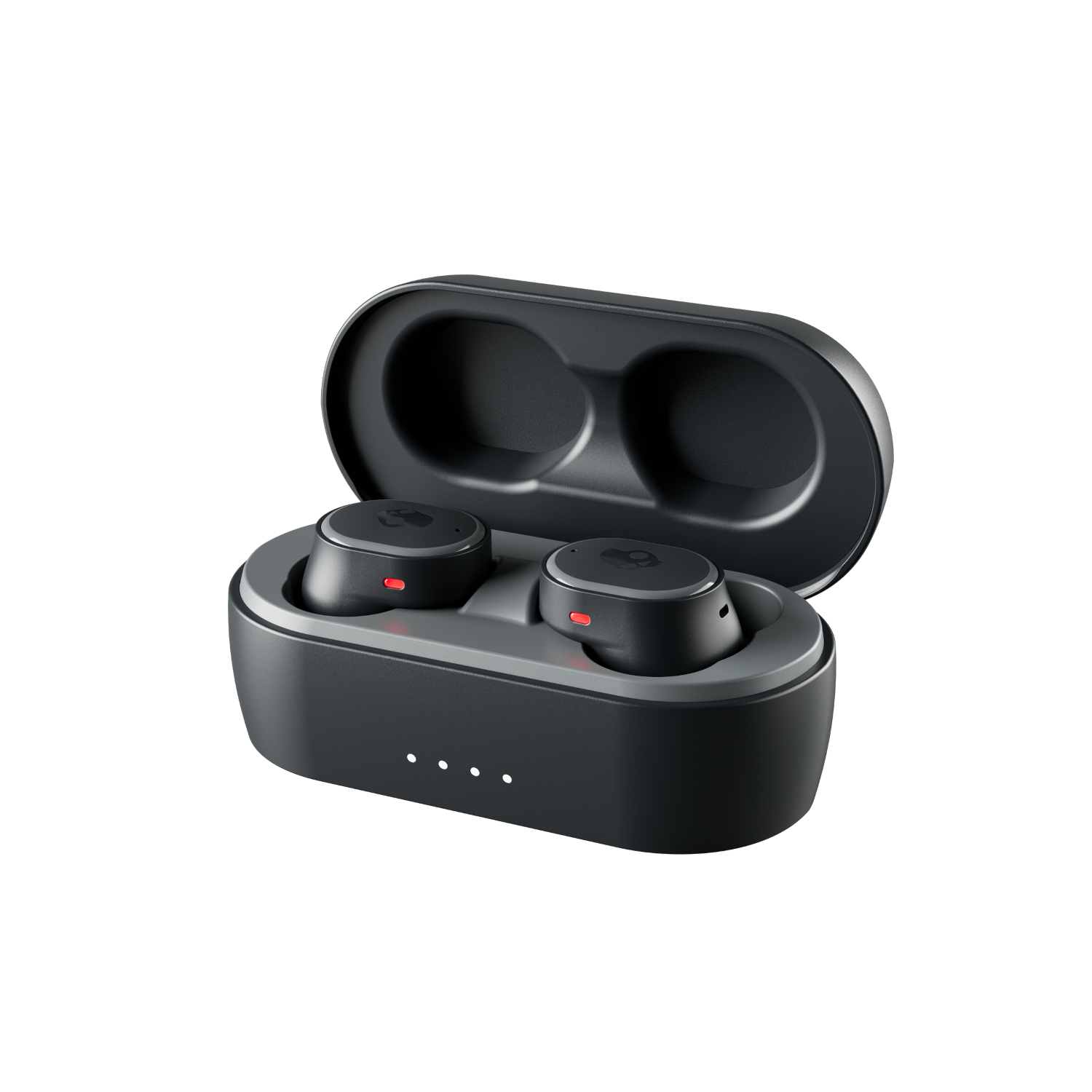 Black wireless earbuds in a charging case. The case is open, and the earbuds are visible.
