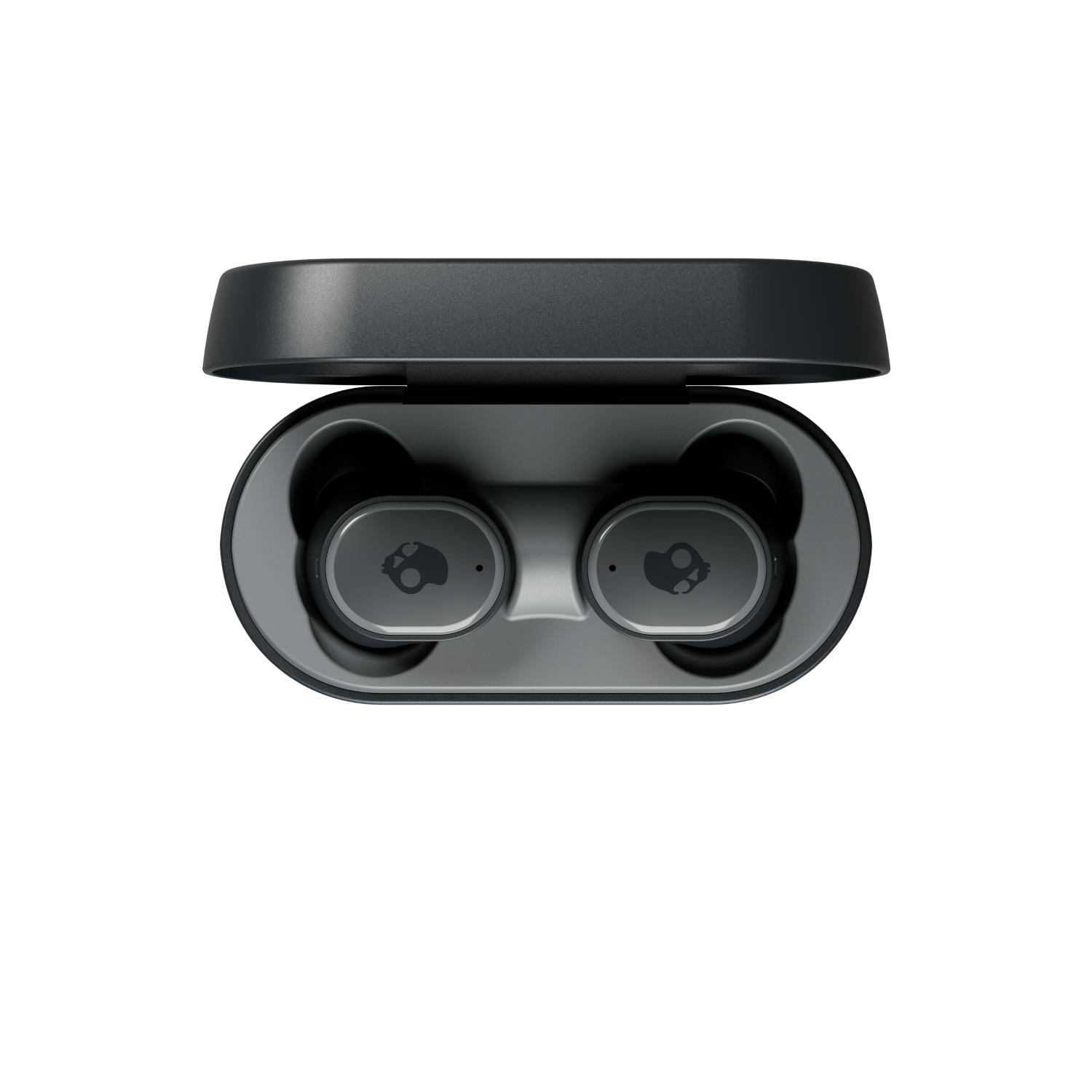 Earbuds charging case, open, with earbuds inside on black background.