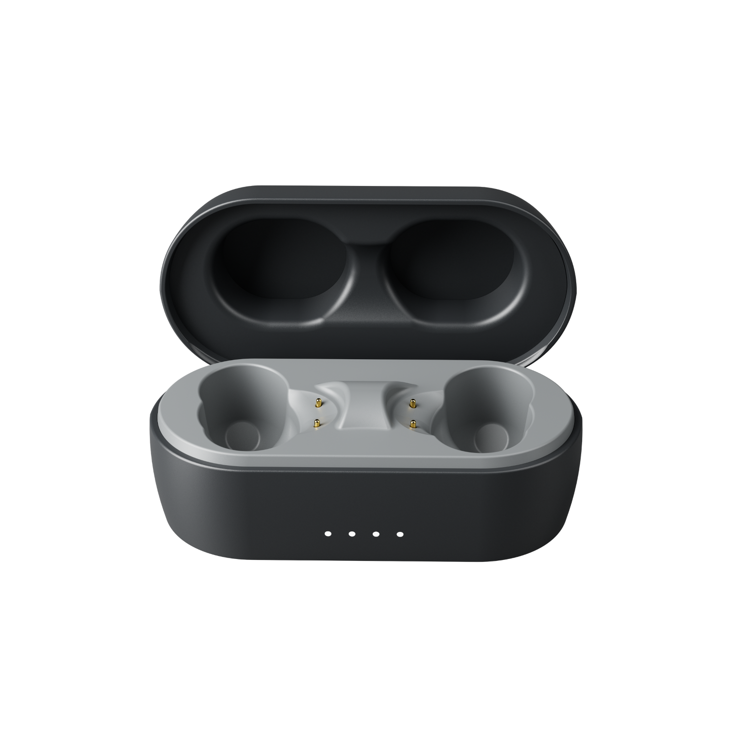 Black charging case, open. Two earbud slots and the charging points visible. Black background.