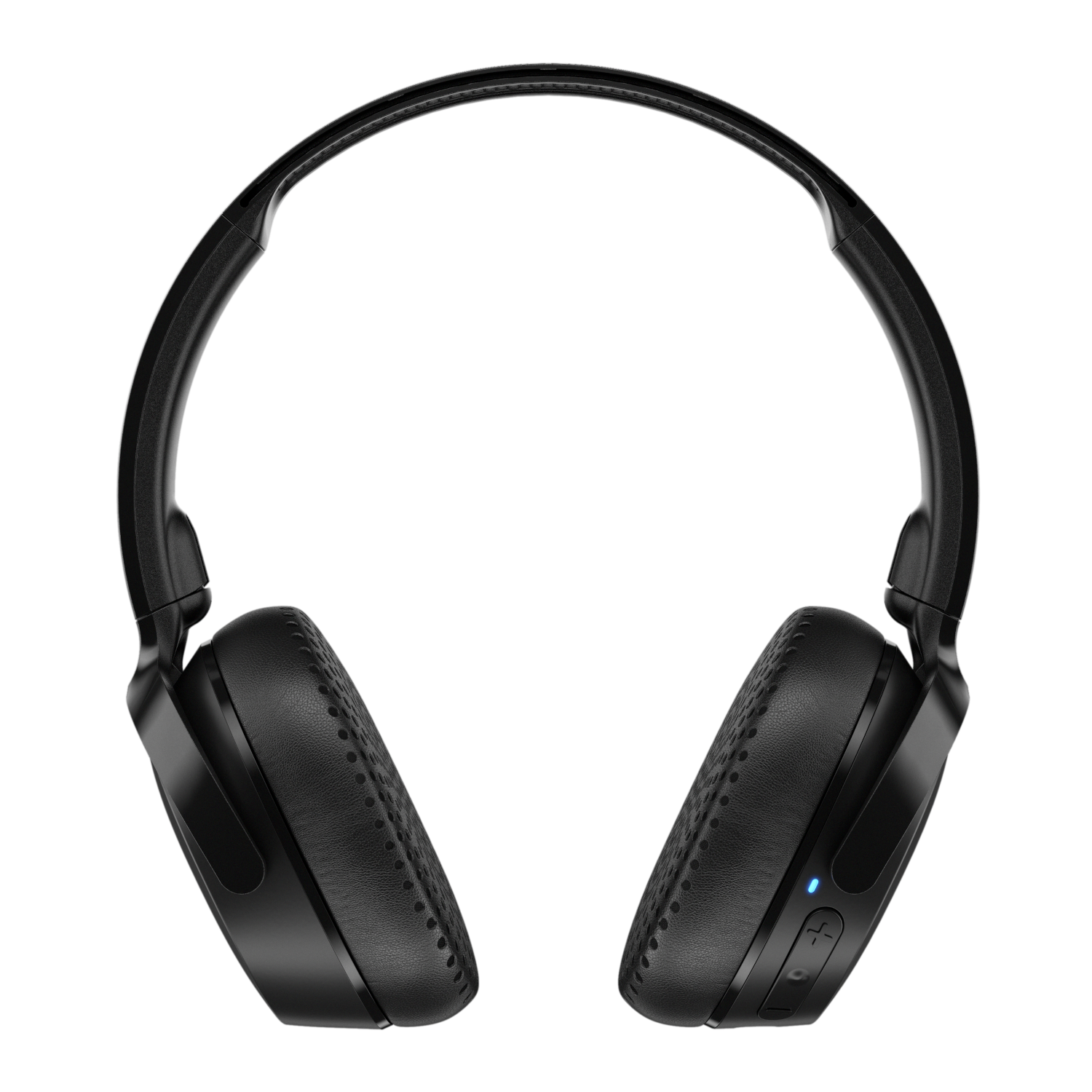 Schwarze Kopfhörer auf schwarzem Hintergrund. Die Kopfhörer haben ein Over-Ear-Design mit blauem Licht.