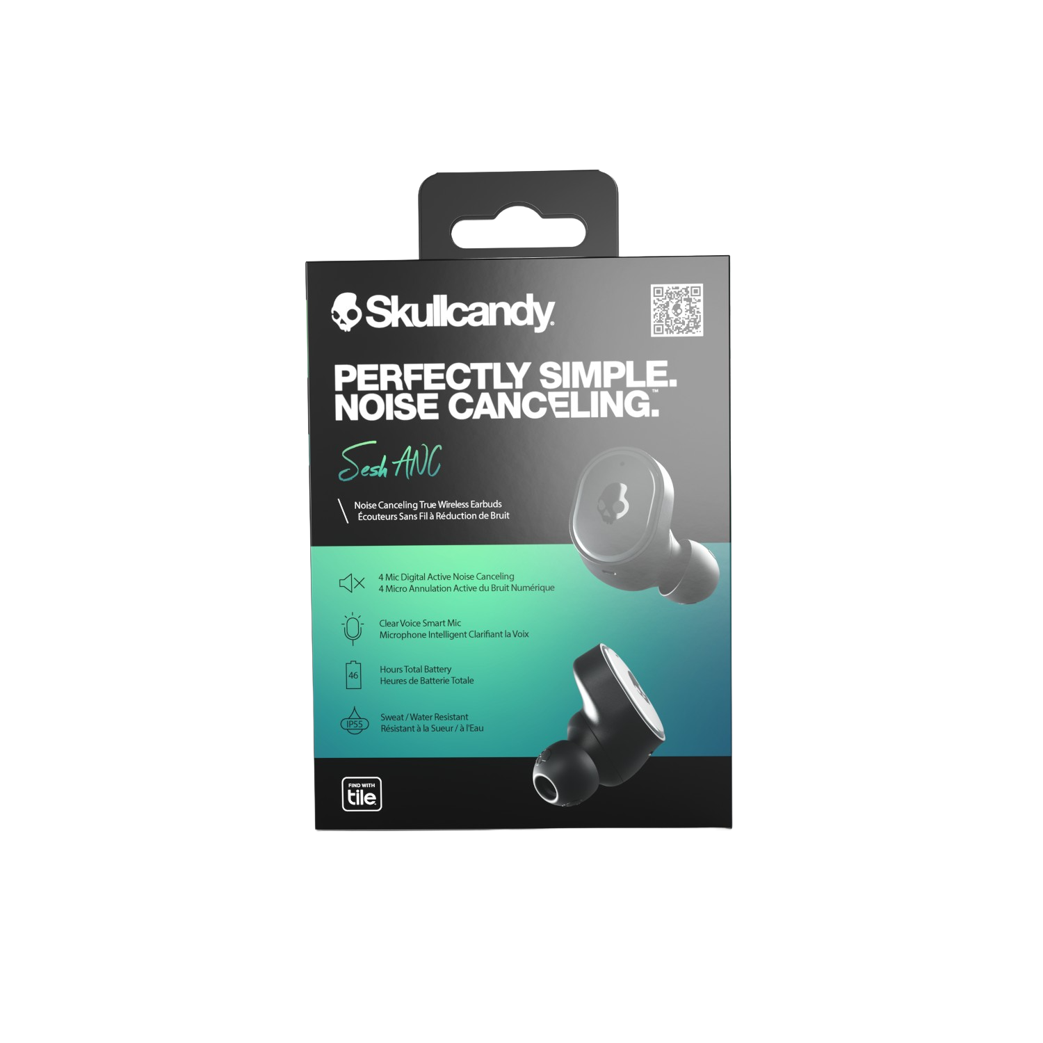 Black Skullcandy headphones box. Text states 'Noise Canceling' and features a graphic of the headphones.