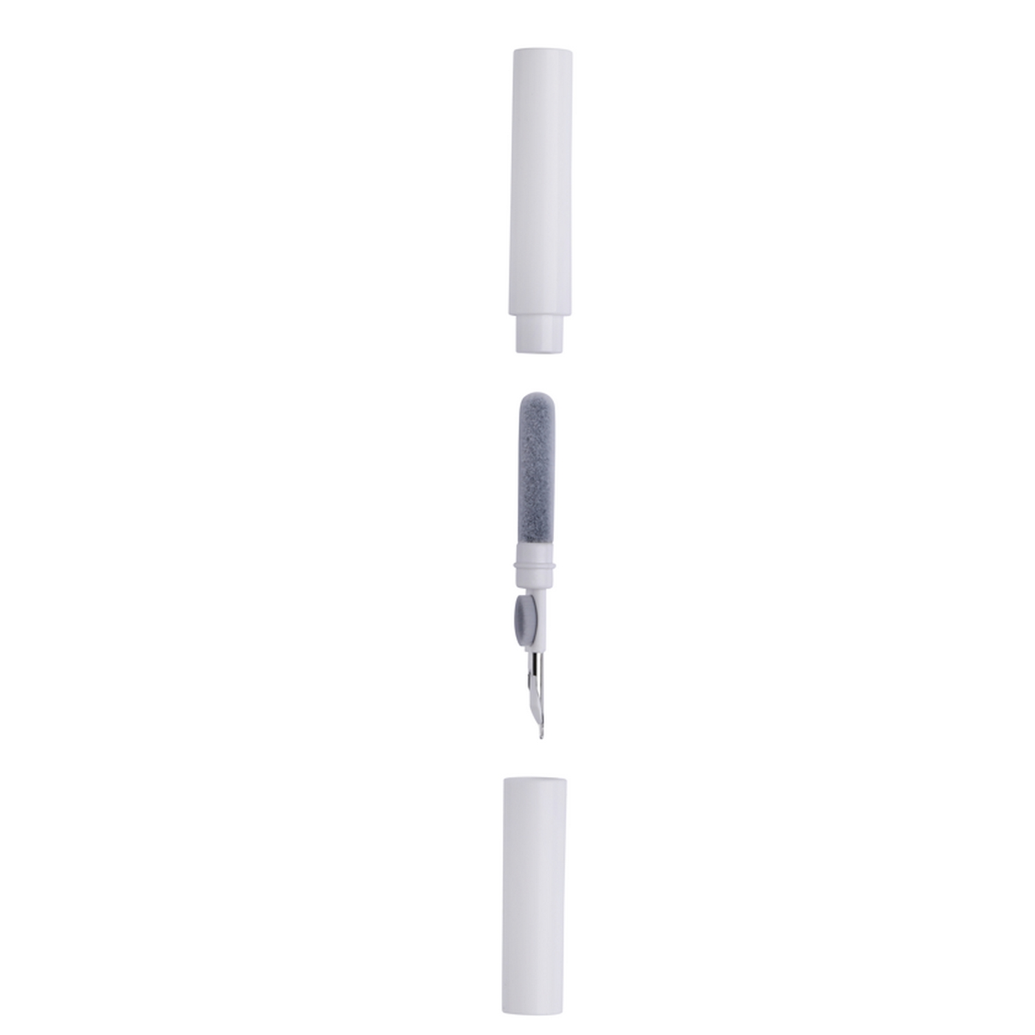 Aplicador de rímel desmontado, con partes del tubo y cepillo, fondo blanco.