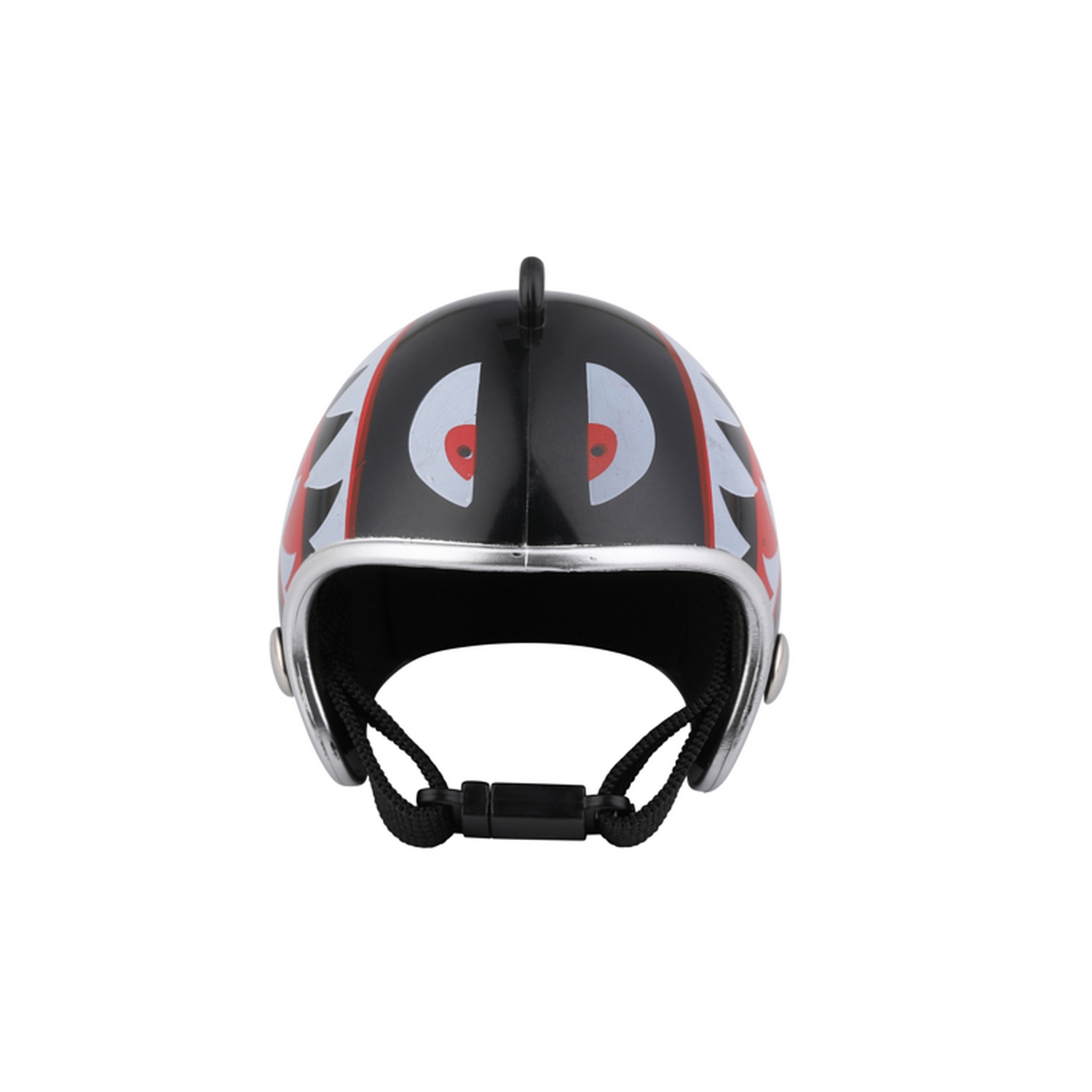 Un casco negro con un diseño rojo y blanco. Tiene una correa para la barbilla.