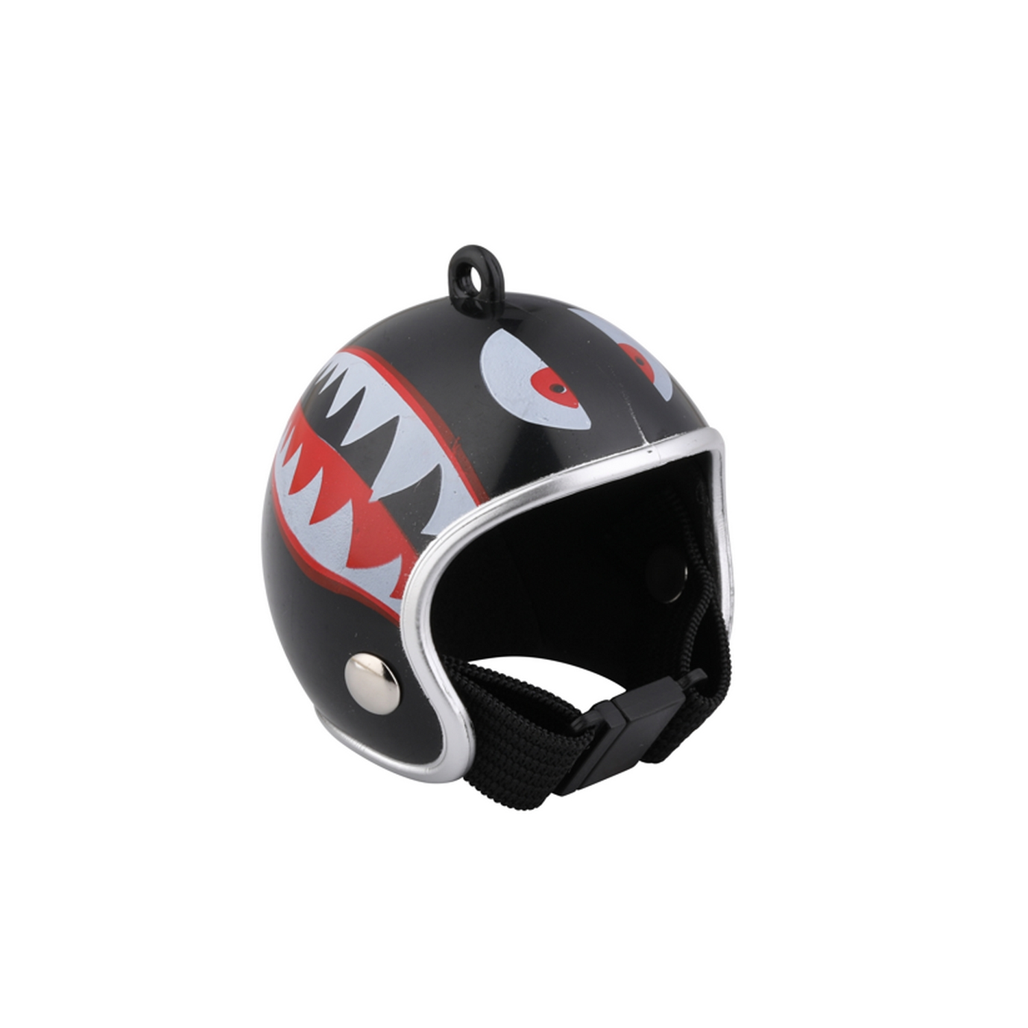 Casco negro con diseño de tiburón y correa.