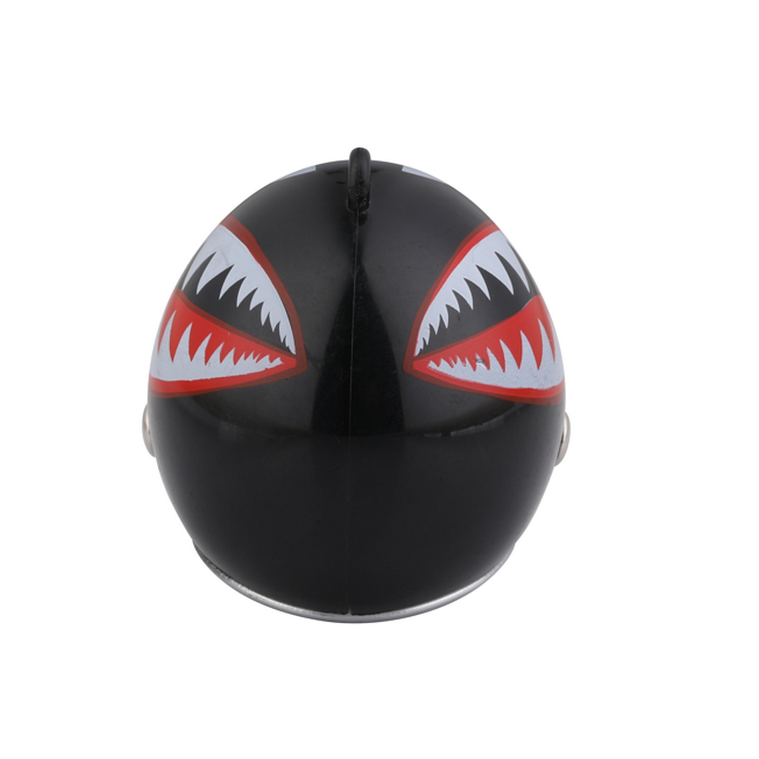 Casco negro con diseño de boca de tiburón, dientes blancos sobre encías rojas, vista superior sobre fondo blanco.