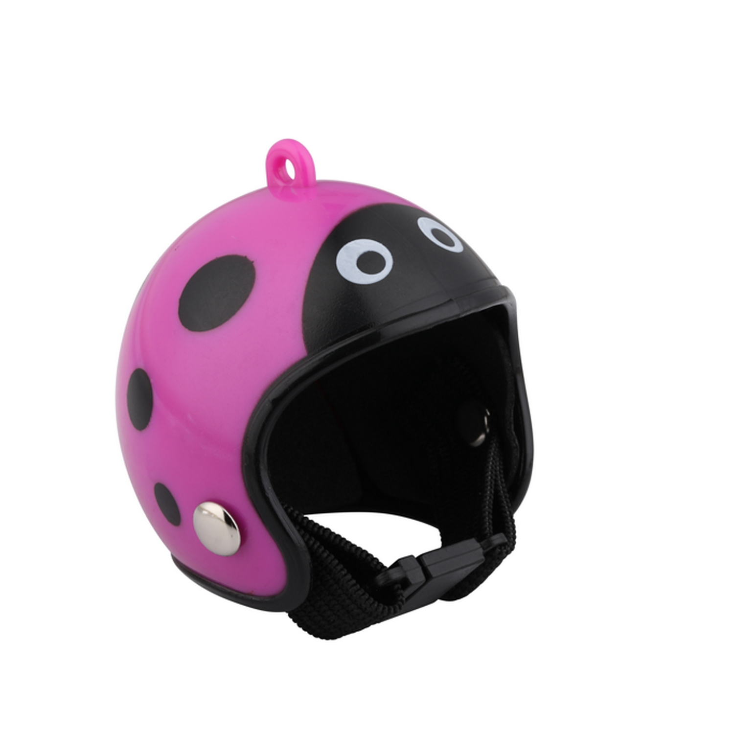 Casco de mariquita rosa con lunares negros y correa, para una mascota.