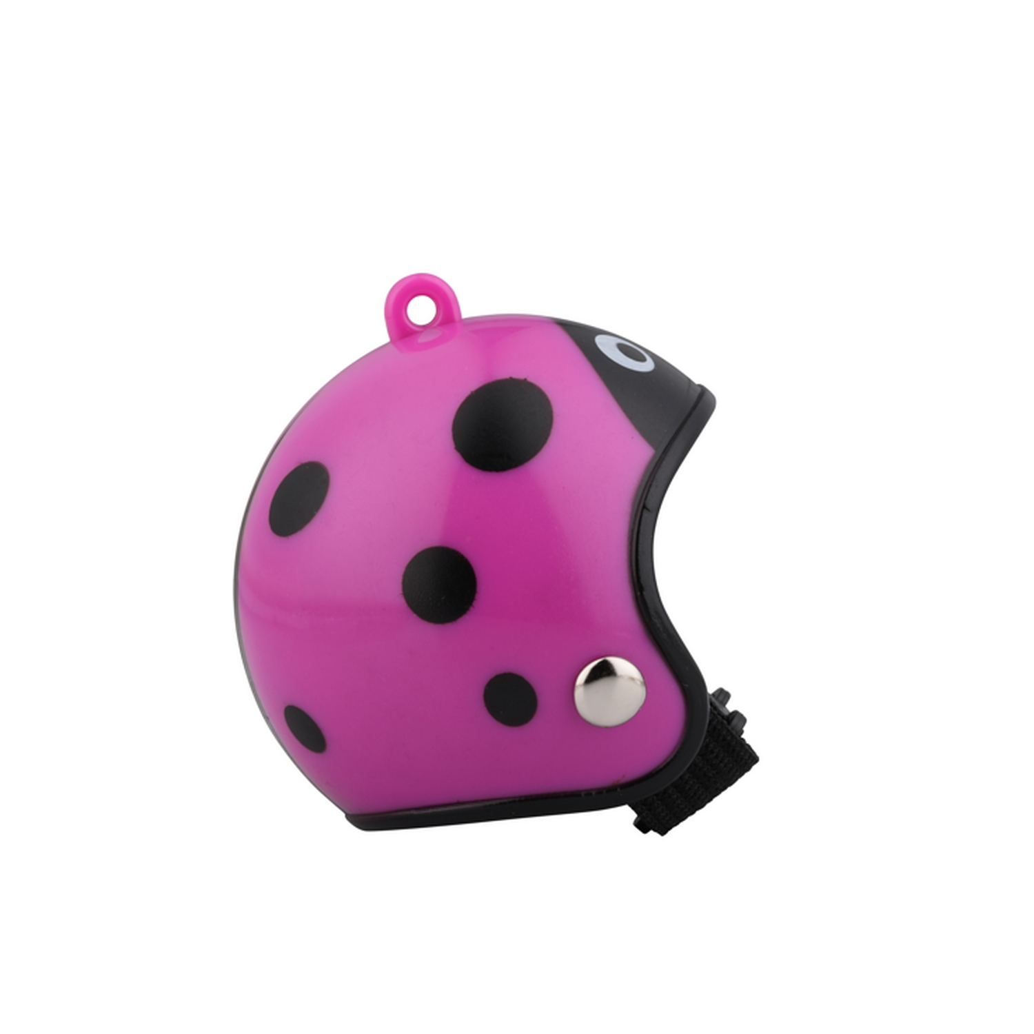 Casco rosa de mariquita para mascotas con lunares negros y correa.