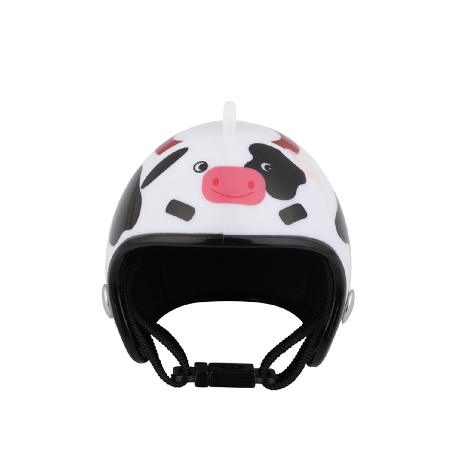 Casco de vaca. Casco blanco con diseño de cara de vaca. Acentos negros y rojos, correa negra.