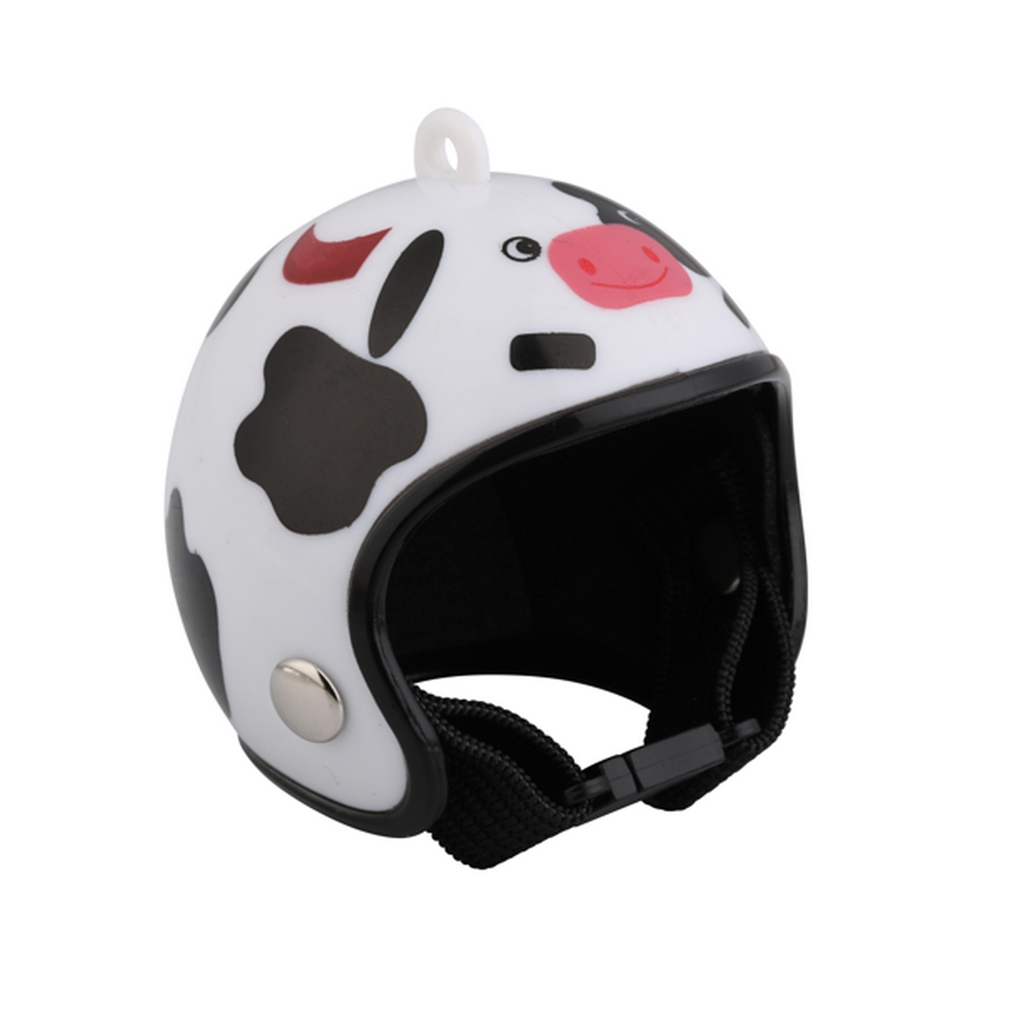 Un casco de bicicleta con tema de vaca. Es blanco con manchas negras y una nariz rosa.