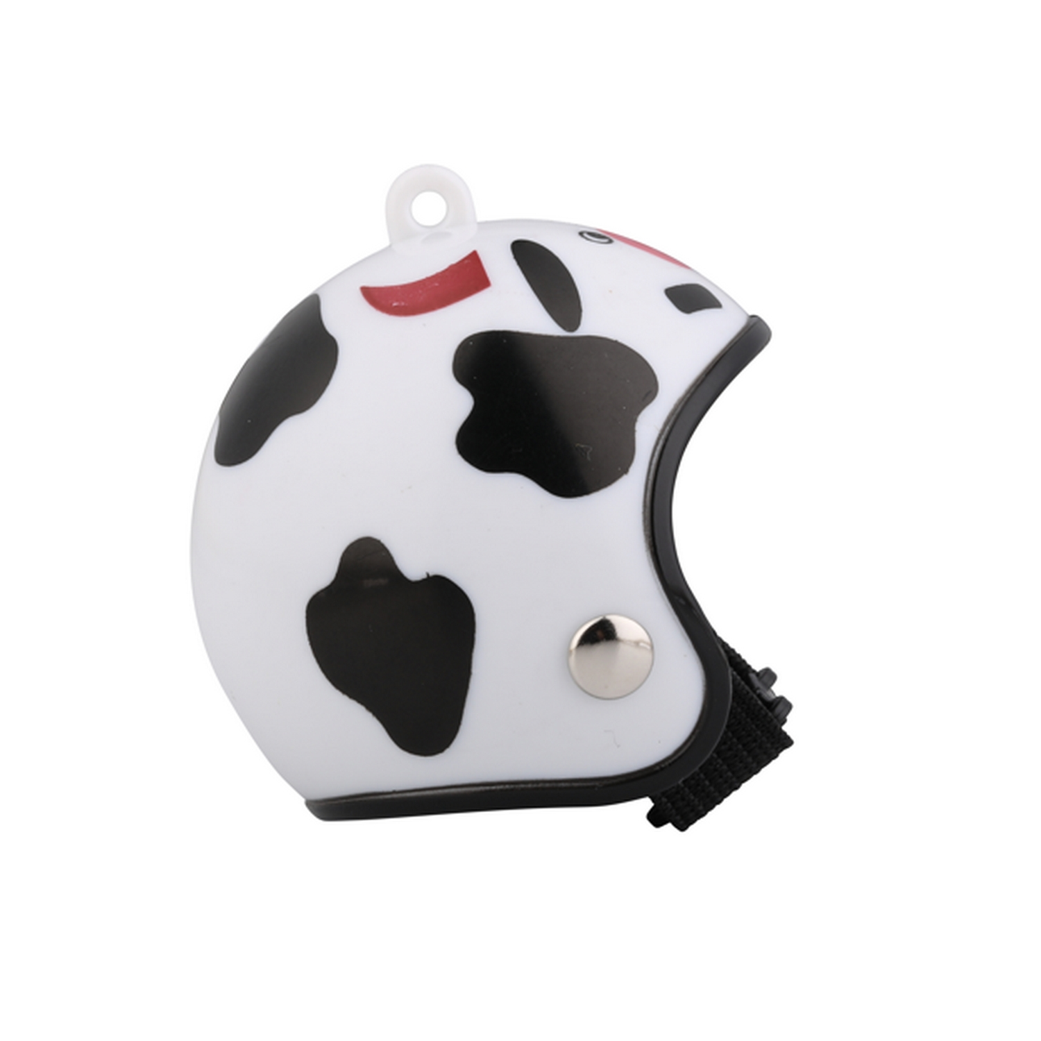 Casco blanco con manchas negras y una raya roja. Correa negra y botón metálico.