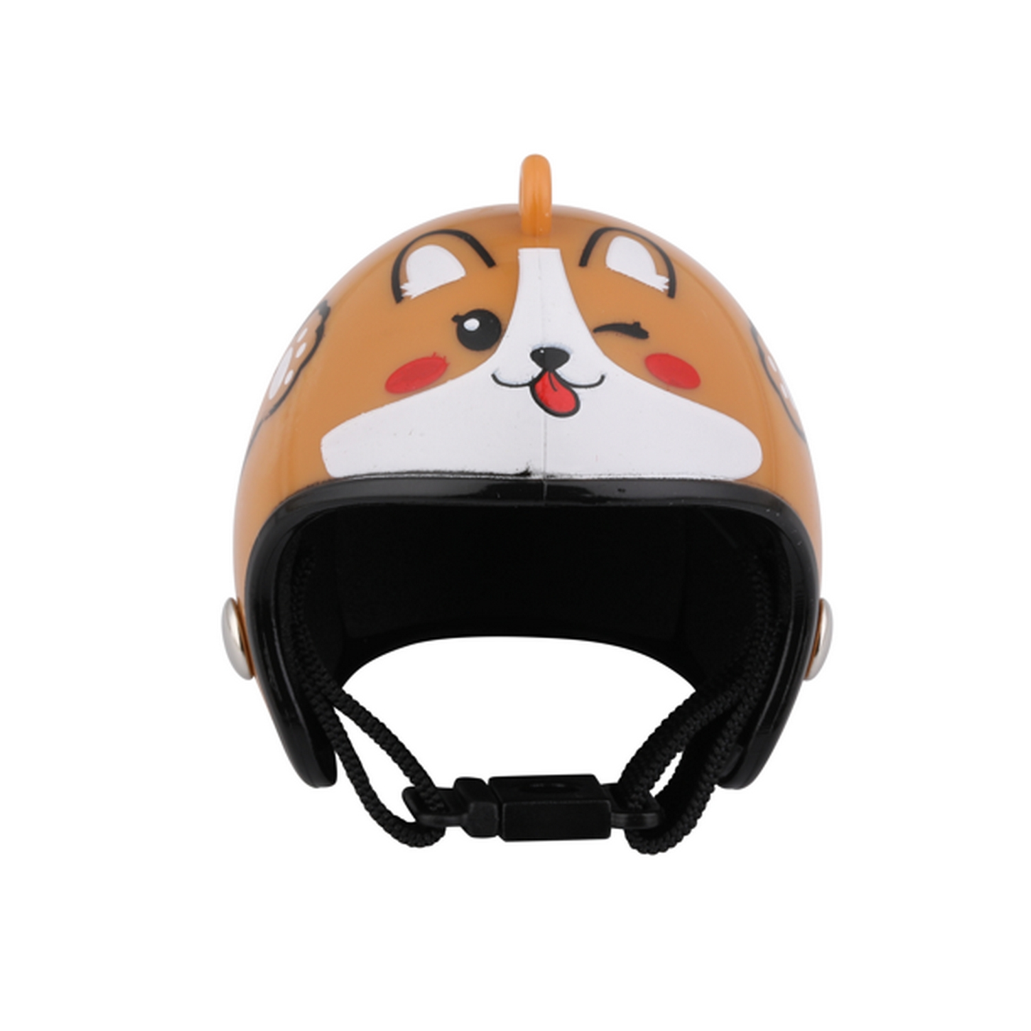 Casco marrón de perro para mascotas, con correas negras y ojo guiñando.