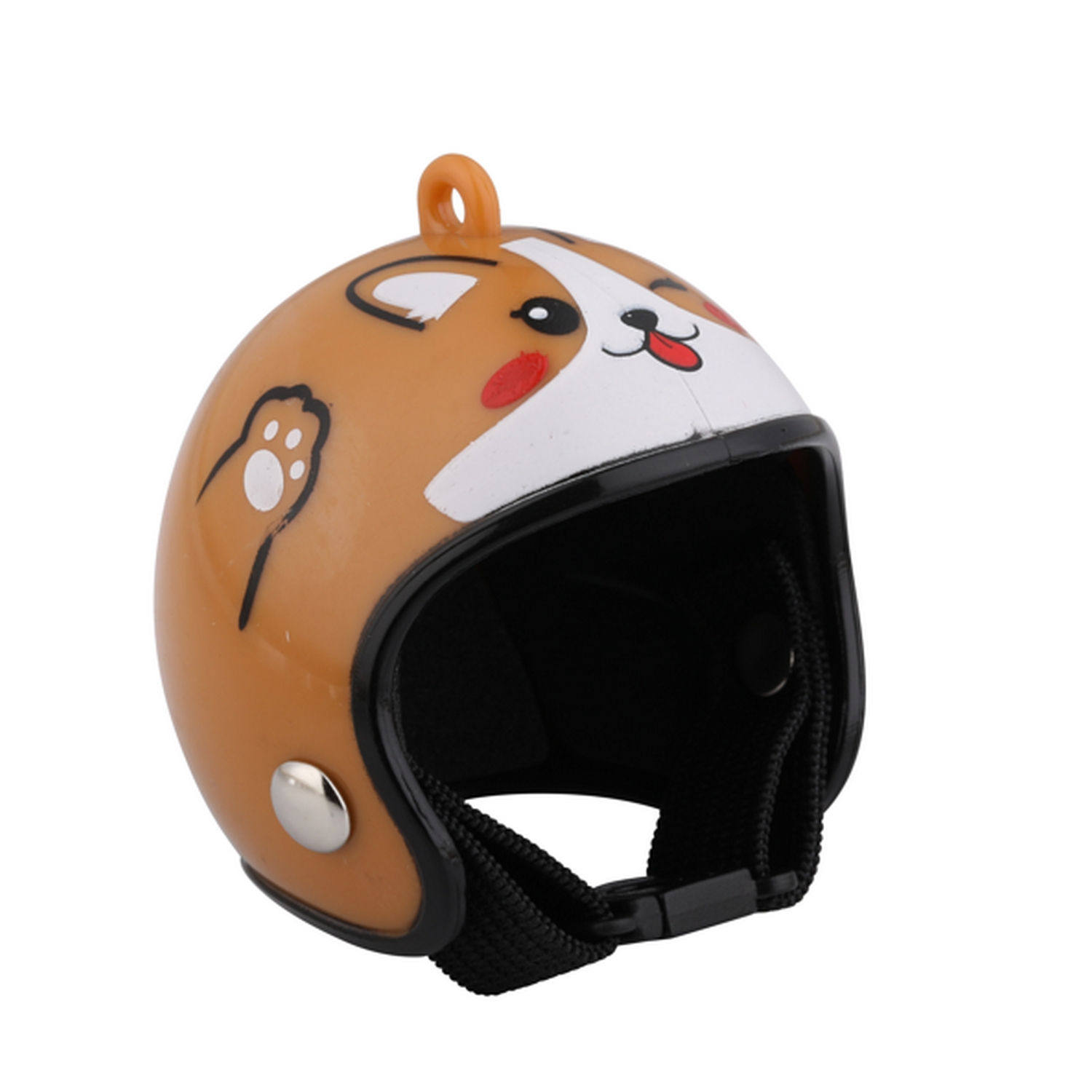 Casco marrón de perro para mascotas, con correas negras y huella.
