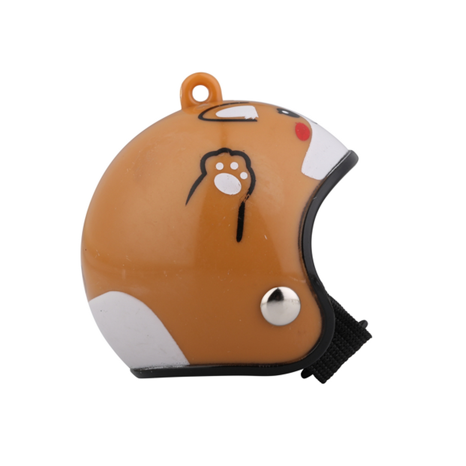 Casco para perro naranja y blanco. Cuenta con una huella de pata, una correa negra y una hebilla plateada.