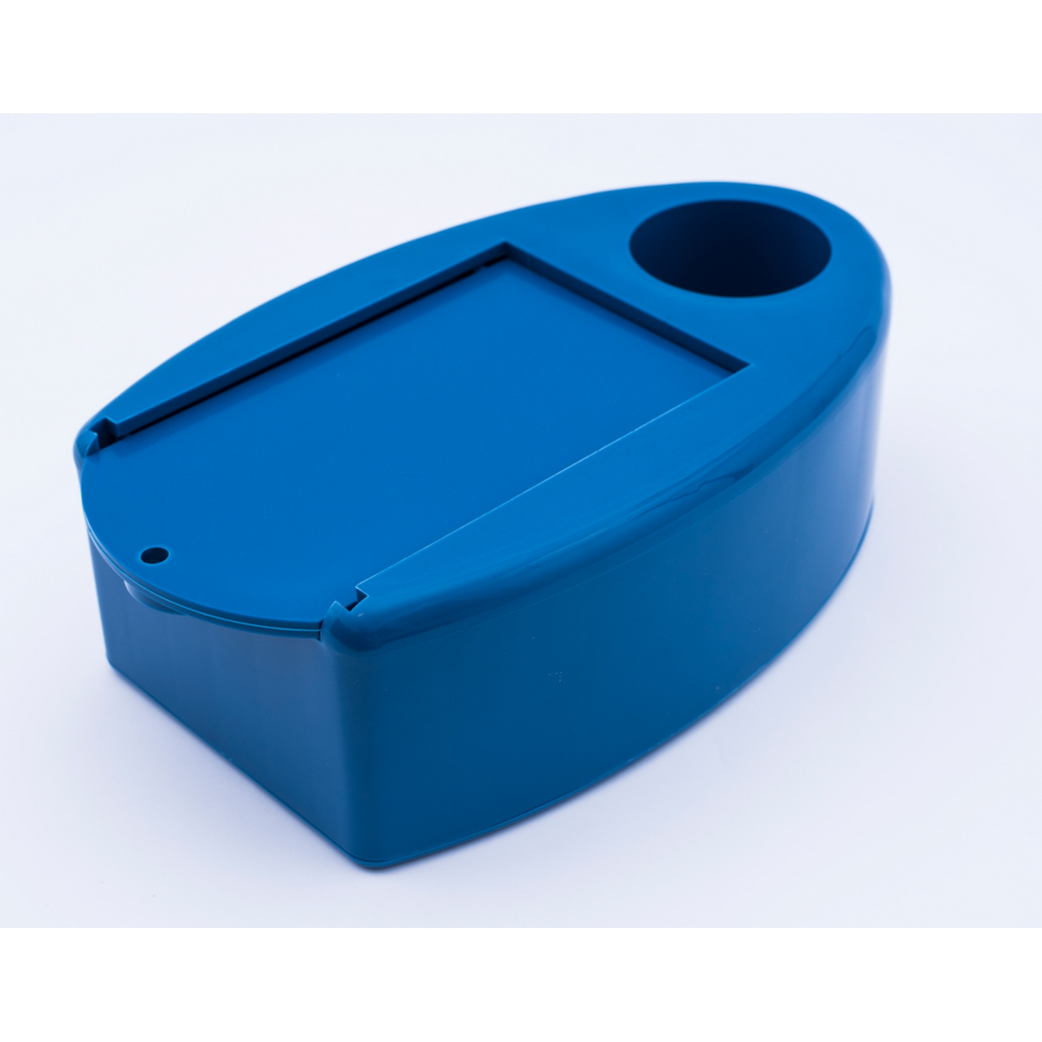 Contenedor de plástico azul, con tapa y orificio circular en la parte superior.