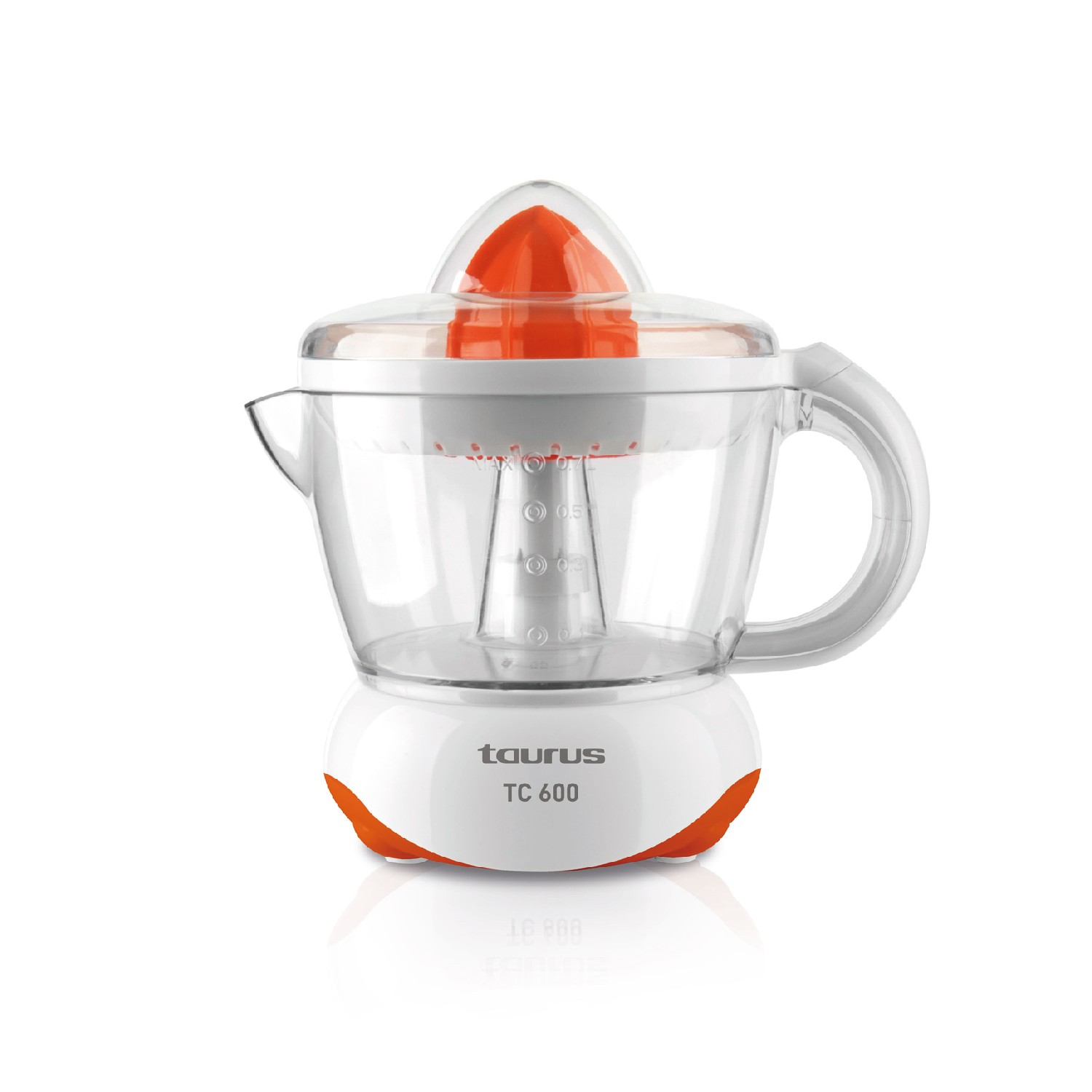 Exprimidor - Taurus TC600, exprimidor eléctrico para zumos de 40 W de potencia, gito ambos sentidos, desmontable, tapa protectora, blanco y naranja
