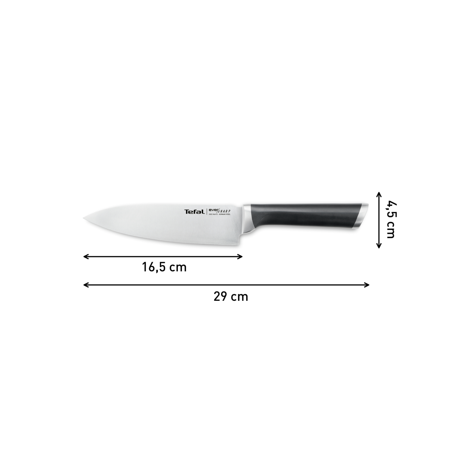 Un cuchillo de chef Tefal sobre fondo blanco, mostrando dimensiones de la hoja y el mango.