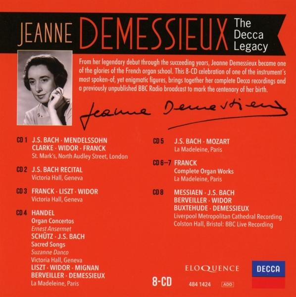 CD-Cover. Portrait einer Frau, links oben. Text: Jeanne Demessieux, The Decca Legacy, CD-Details und Signatur des Künstlers.