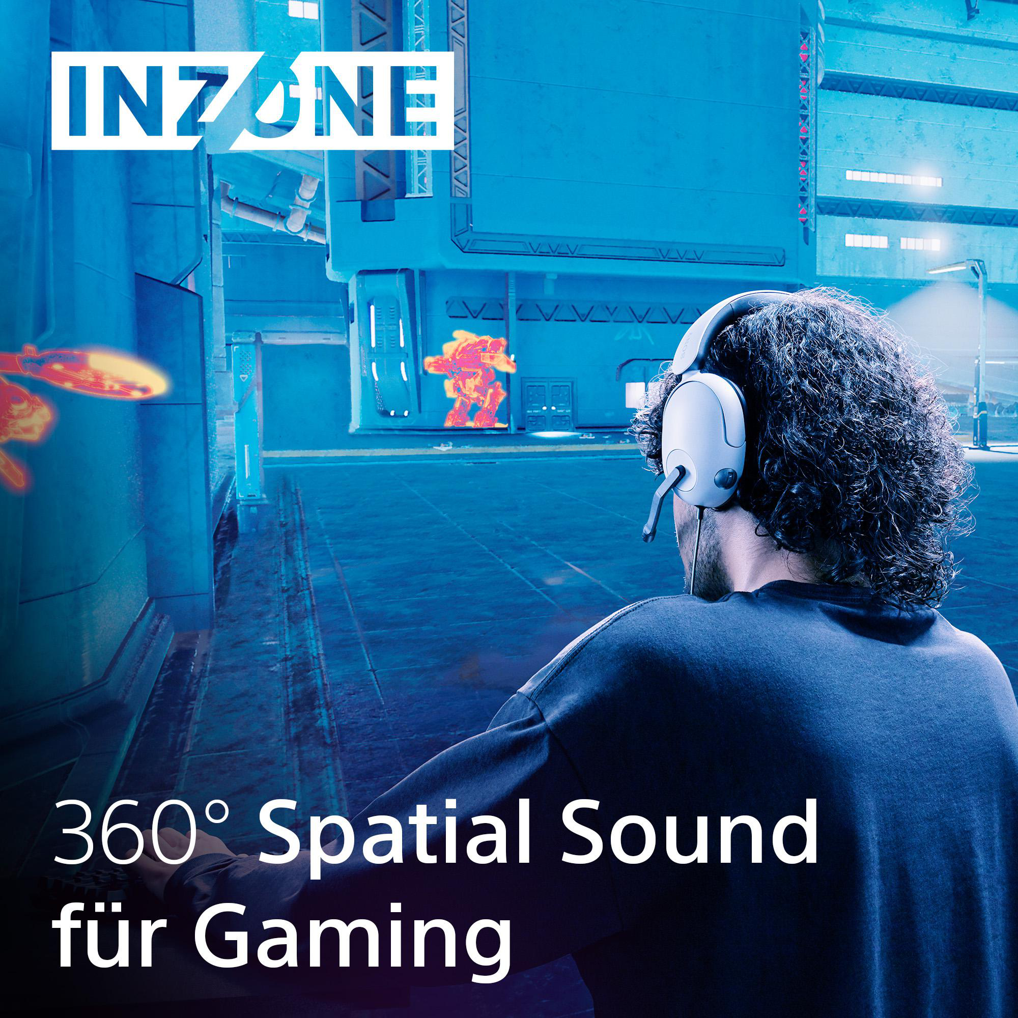 Person mit Kopfhörern in einer futuristischen Gaming-Szene mit dem Text INZONE.