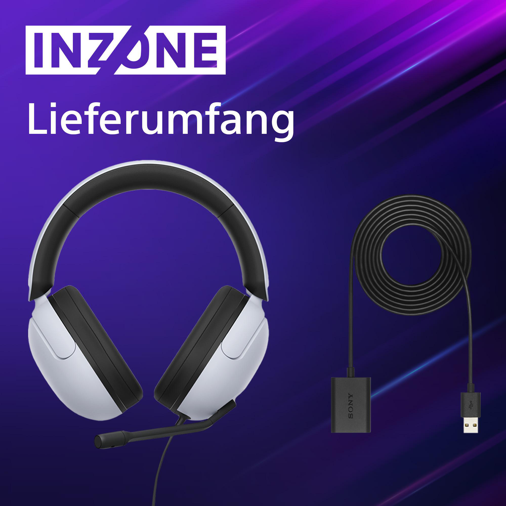 Weißes Headset mit schwarzem Mikrofon und schwarzem Kabel. Der Text 'INZONE' steht oben. Blauer Hintergrund.