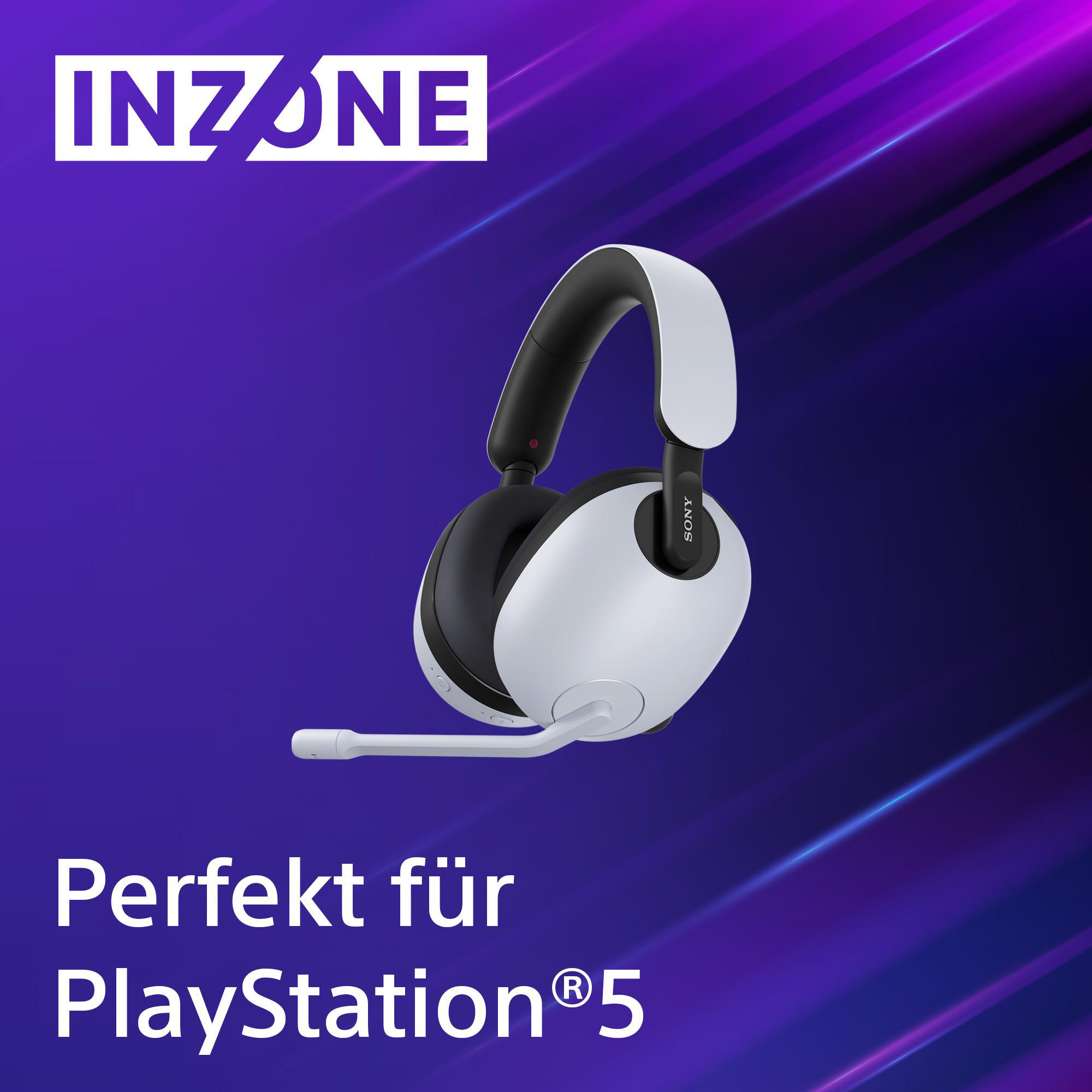 Weißes kabelloses Headset mit Mikrofon, schwarzen Akzenten und INZONE-Logo. Der Text lautet 'Perfekt für PlayStation 5'.