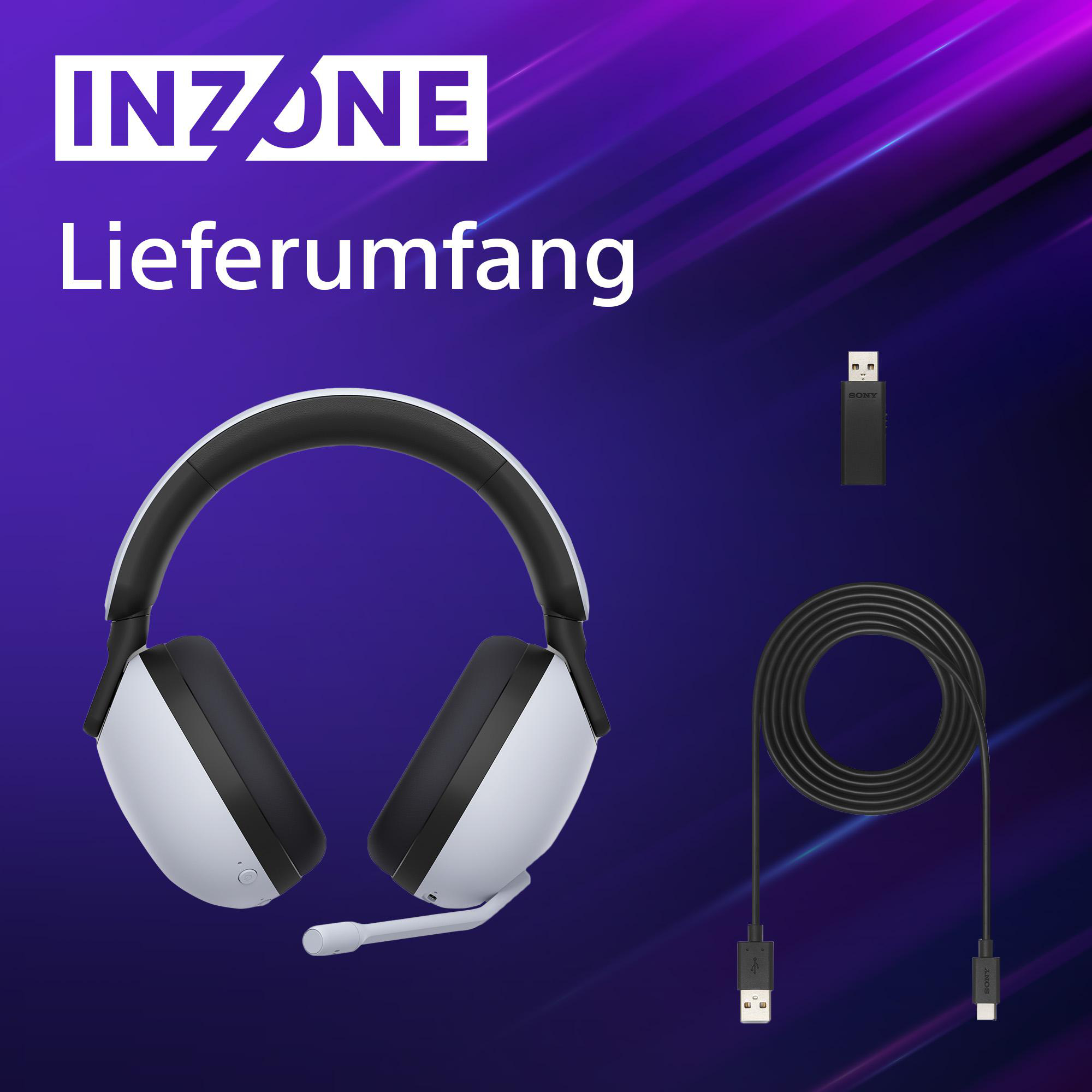 Weißes Gaming-Headset, ein schwarzes USB-Kabel und ein USB-Dongle auf lila-blauem Hintergrund.
