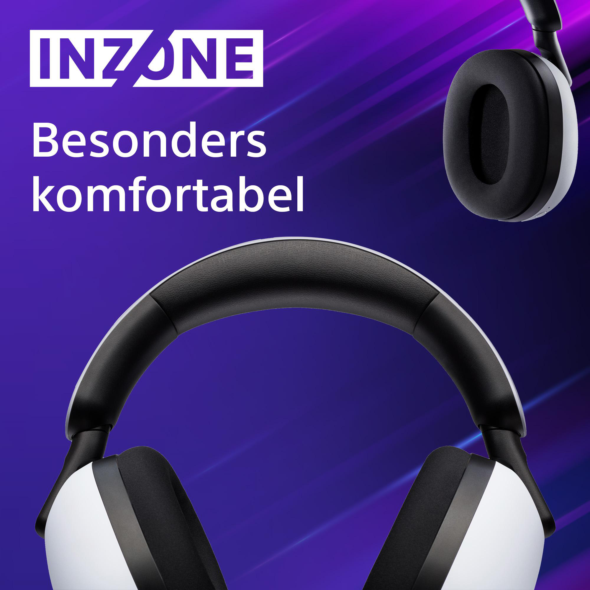 Weiße Kopfhörer mit schwarzen Ohrmuscheln und Bügel vor lila Hintergrund.